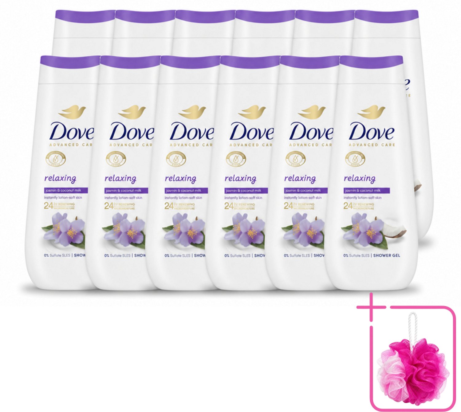 12 x Dove Douchecrème - Relaxing - Kokos & Jasmijn - 225 ml - Bulkverpakking - Douchegel - Douchemop - Ontspannen douche