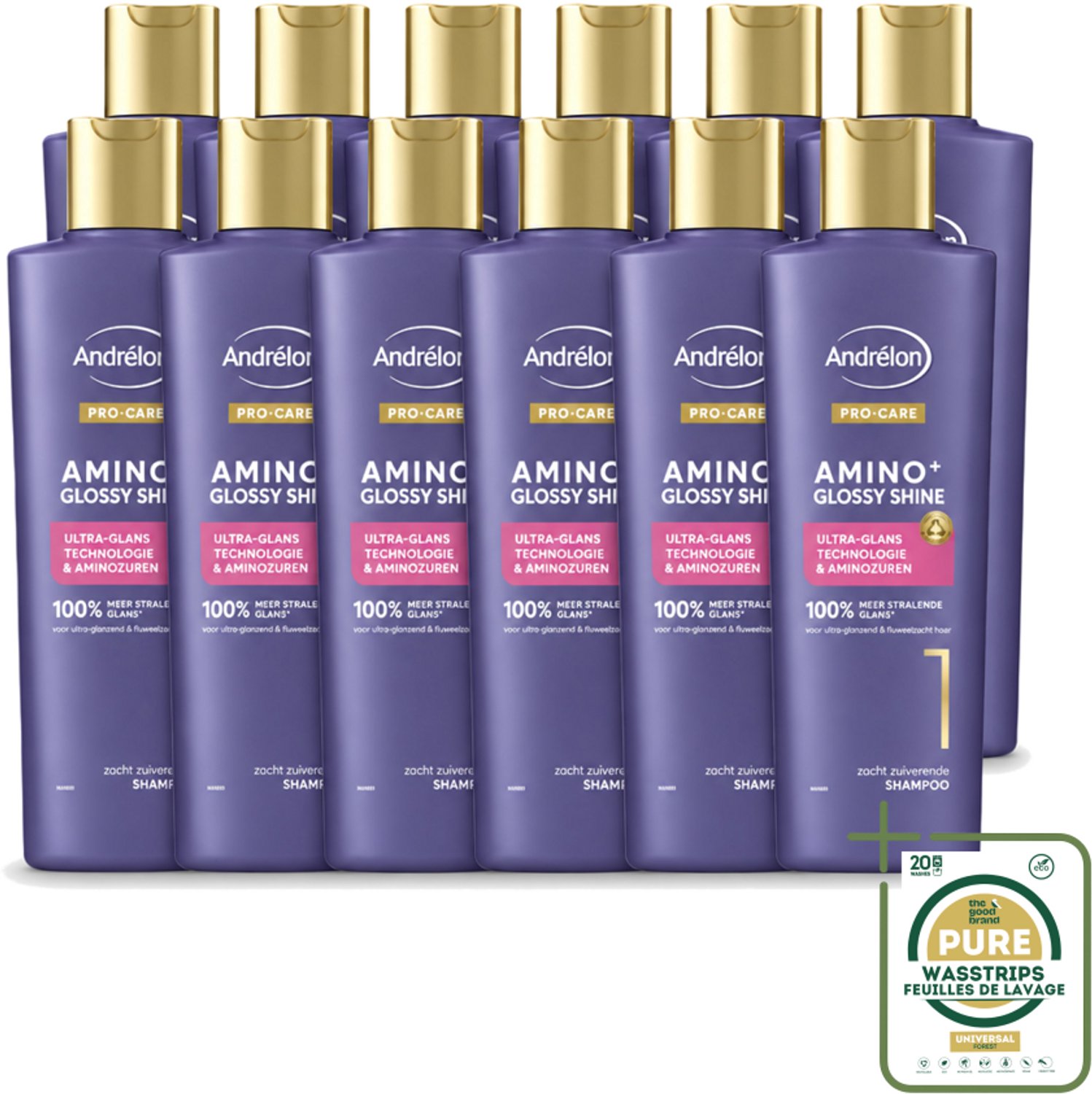 12 x Andrélon – Shampoo – Pro Care Amino+ Glossy Shine – 250 ml - Haarverzorging - Glans Haar - Zachtheid Haar - Shampoo Voor Dof Haar - Aminozuren Shampoo