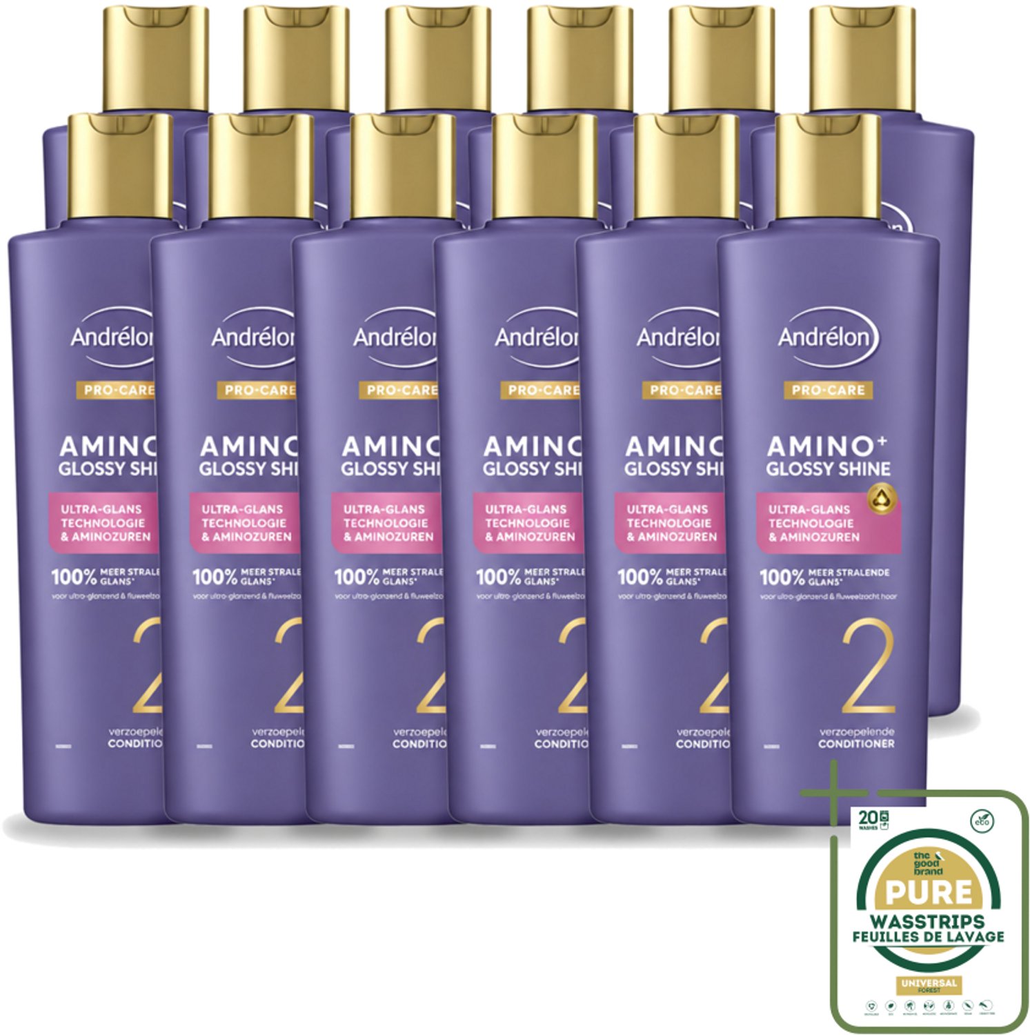 12 x Andrélon – Conditioner – Pro Care Amino+ Glossy Shine – 250 ml - Haarverzorging - Glans - Aminozuren - Haarconditioner - Zijdezacht Haar