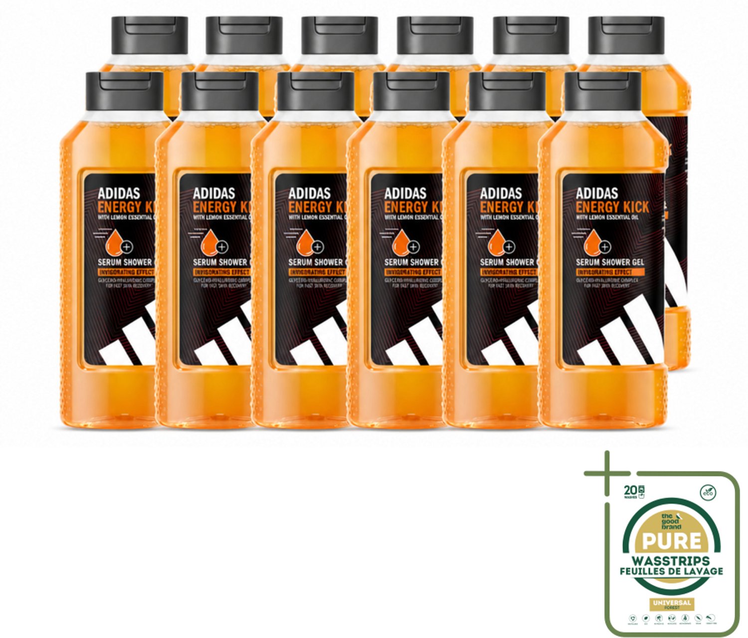 12 x Adidas – Douchegel – Active Skin & Mind Energy Kick – 400 ml - Wasstrips - Douchegel Mannen - Energie Voor Huid En Geest - Citroenolie Douchegel - Hydraterende Douchegel - Vegan Douchegel