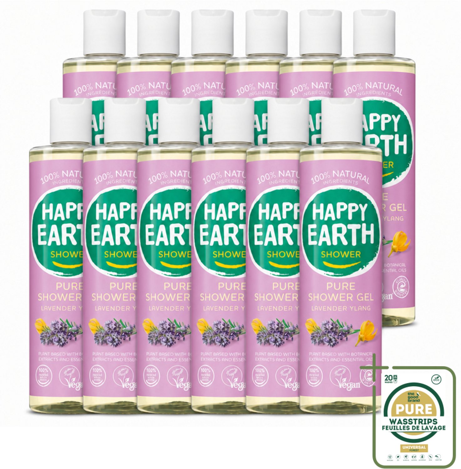 12 x Happy Earth – Douchegel – 100% Natuurlijk Lavender Ylang – 300 ml - Wasstrips - Douchegel - Natuurlijke Douchegel - Lavendel Douchegel - Ylang-ylang Douchegel - Vegan Douchegel