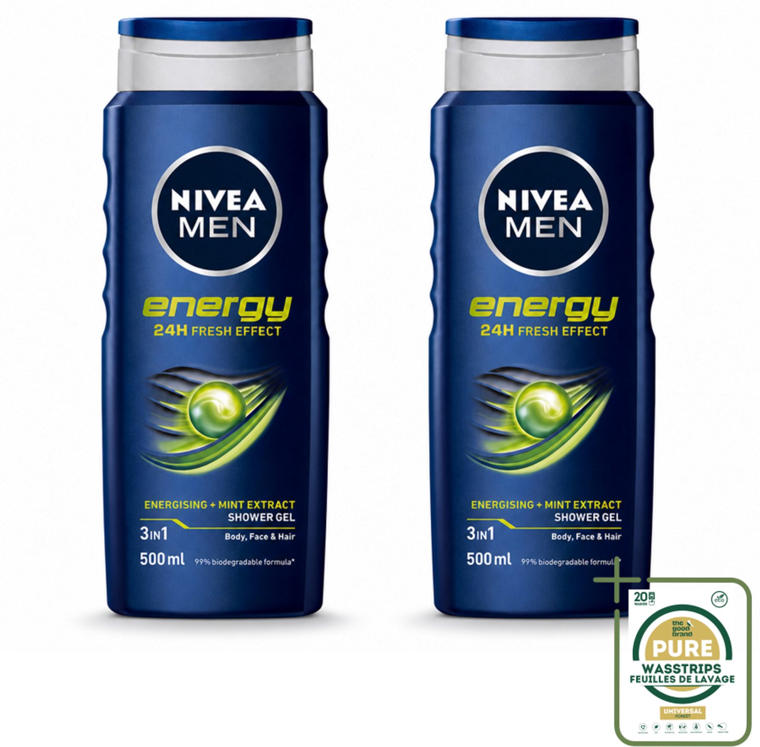 2 x NIVEA MEN - Douchegel - Energy - 500 ml - Wasstrips - Douchegel Energie - Energieboost - Mintextract - Frisheid - Lichaam Verzorging