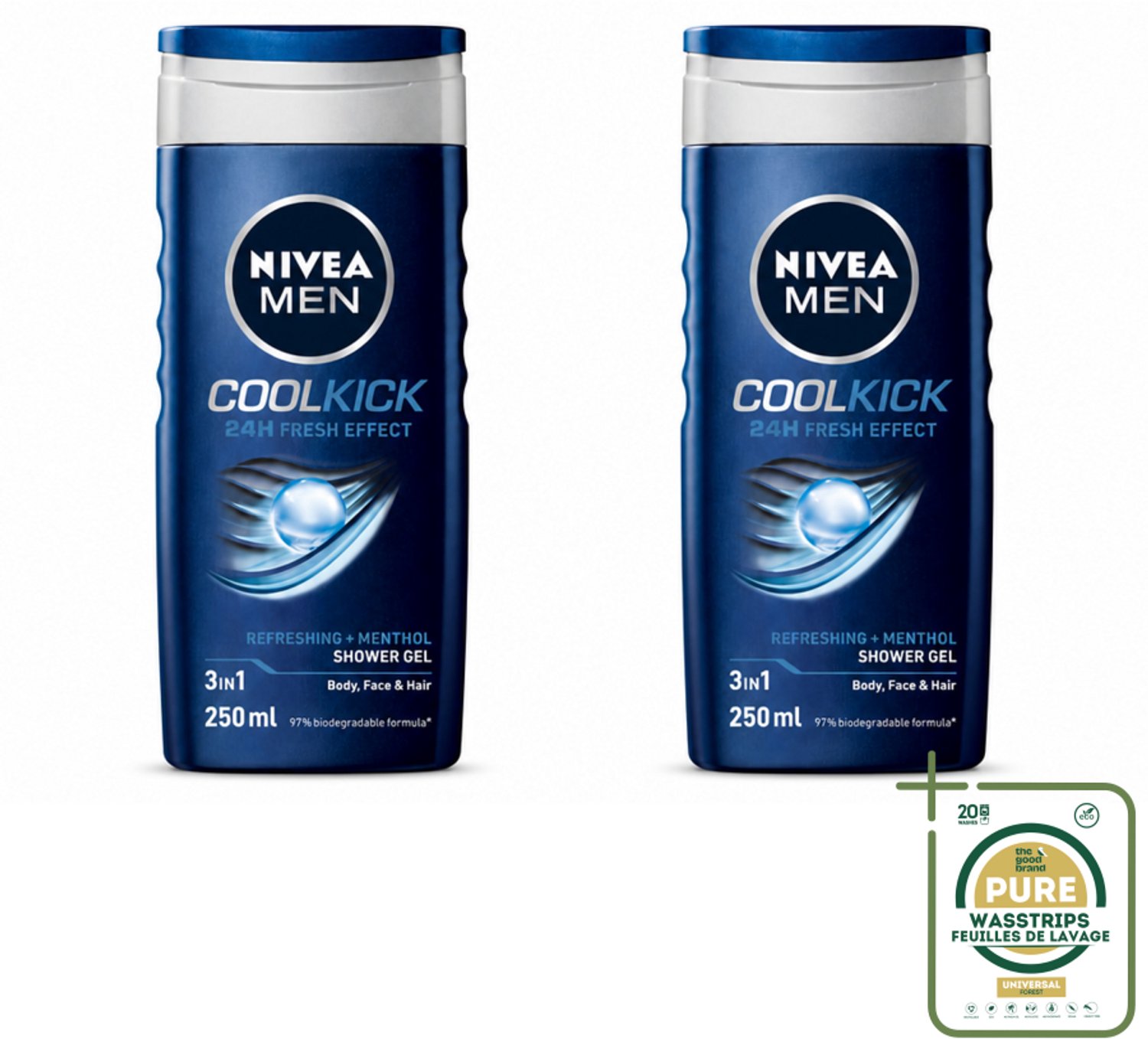 2 x NIVEA MEN - Douchegel - Cool Kick - 250 ml - Wasstrips - Douchegel Mannen - Frisheid Onder De Douche - Verkoelend Effect - 2-in-1 Douchegel En Shampoo - Ijsblauwe Gel