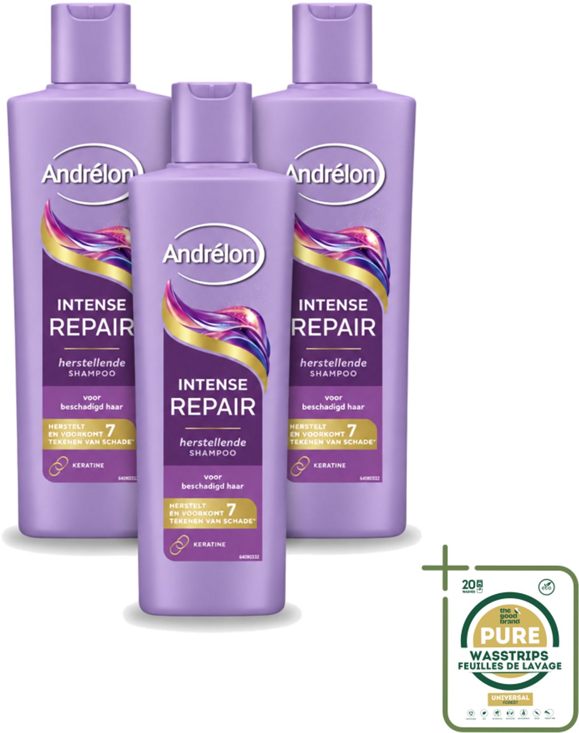 3 x Andrélon – Shampoo – Intense Repair – 250 ml - Wasstrips - Haar Herstellen - Beschadigd Haar - Keratine Shampoo - Haar Beschermen - Haar Herstel