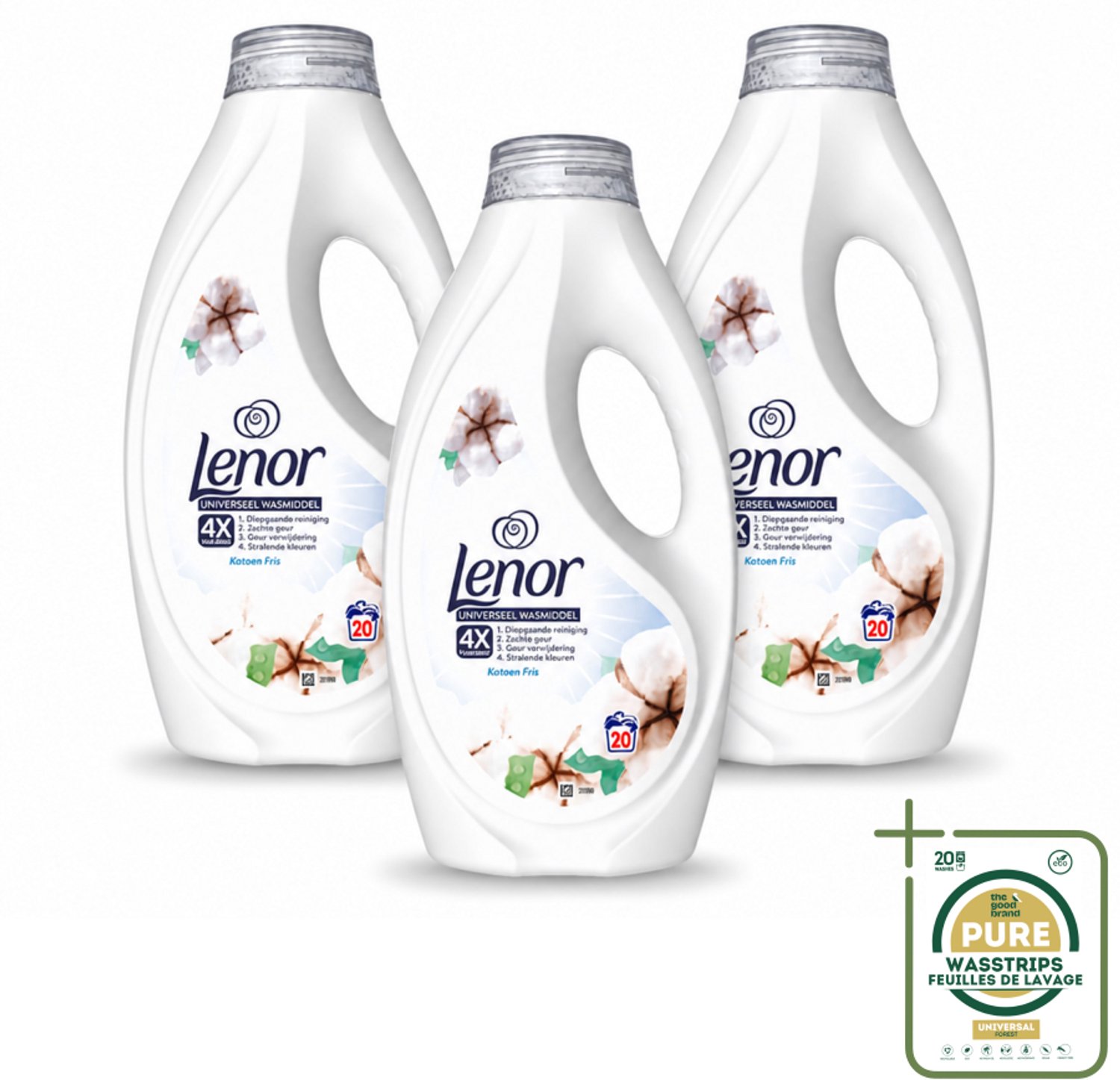 3 x Lenor – Wasmiddel – Katoen Fris – 20 Wasbeurten - 900 ml - Wasstrips - Wasmiddel Katoen - Wasmiddel Fris - Wasmiddel Voor Kleding - Wasmiddel Voor Koud Wassen - Kleurbeschermend Wasmiddel