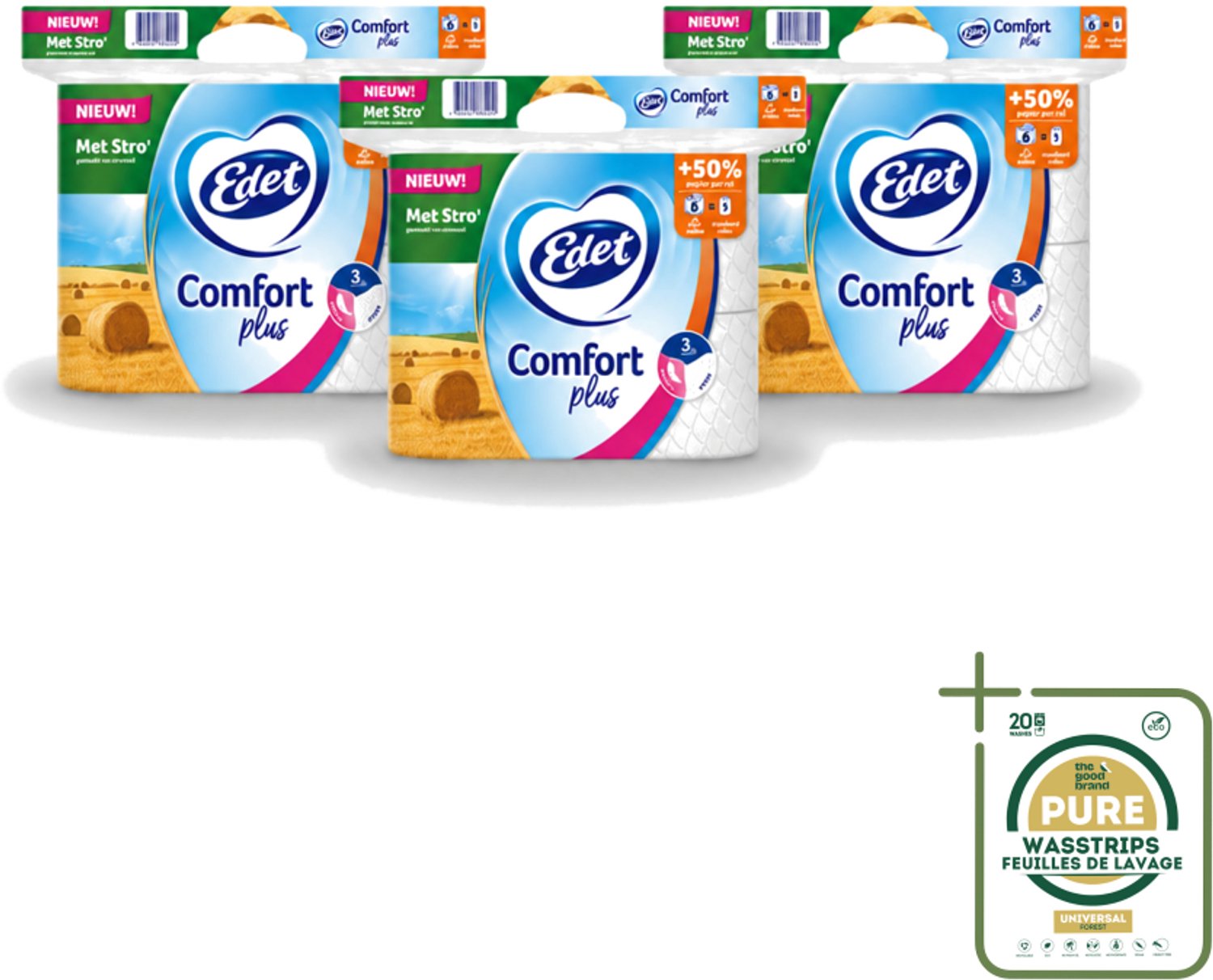 3 x Edet – Toiletpapier – 3-Laags - Toiletpapier Comfort Plus - 3-laags Toiletpapier - Duurzaam Toiletpapier - Strovezels Toiletpapier - Plusrol 225 Vel