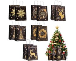 12x Luxe Kerst Cadeautasjes Zwart Goud - Papieren Geschenktassen - Set