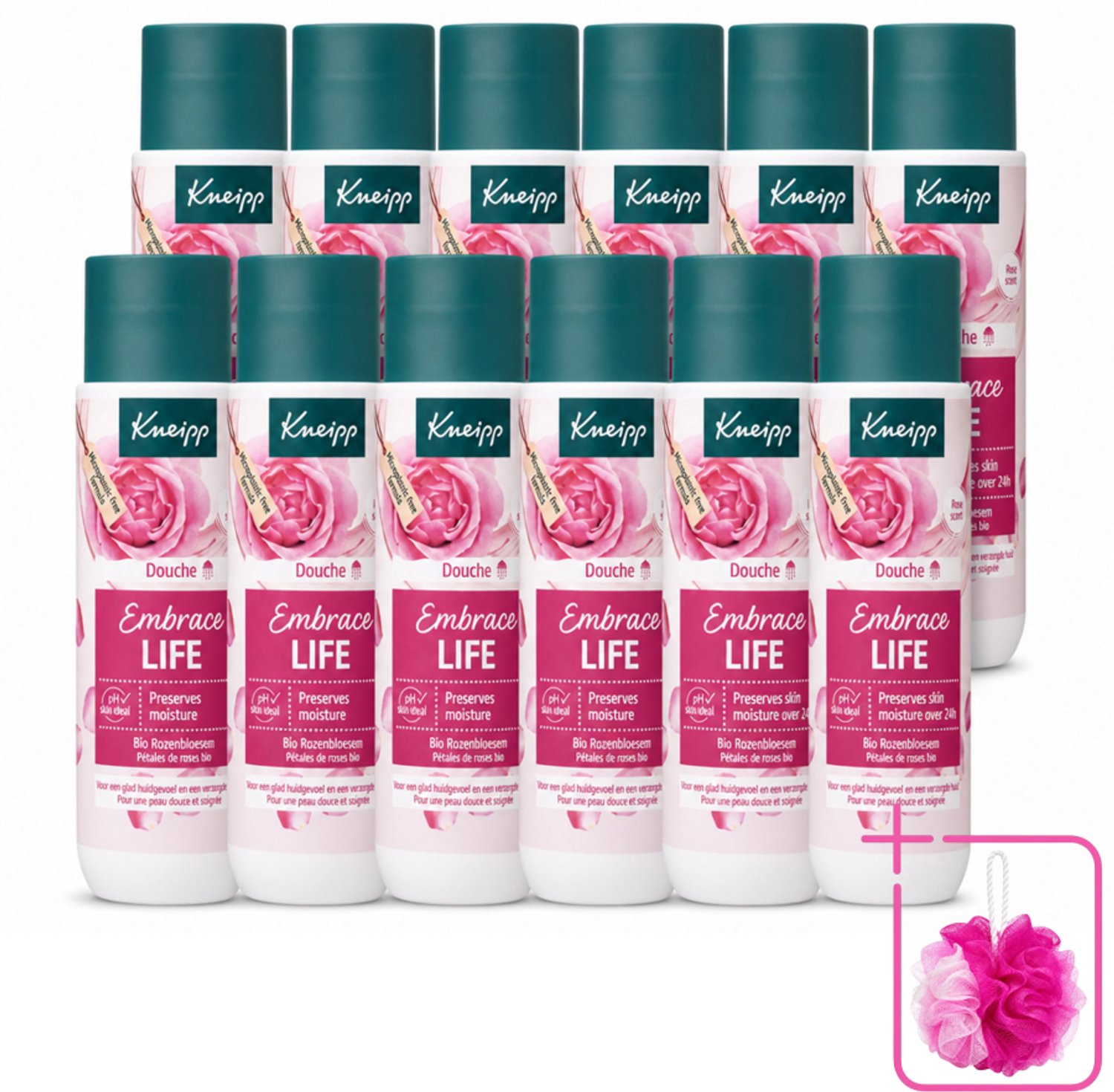 12 x Kneipp - Douchegel - Embrace Life - 200 ml - Bulkverpakking - Douchegel - Douchemop - Roze geur