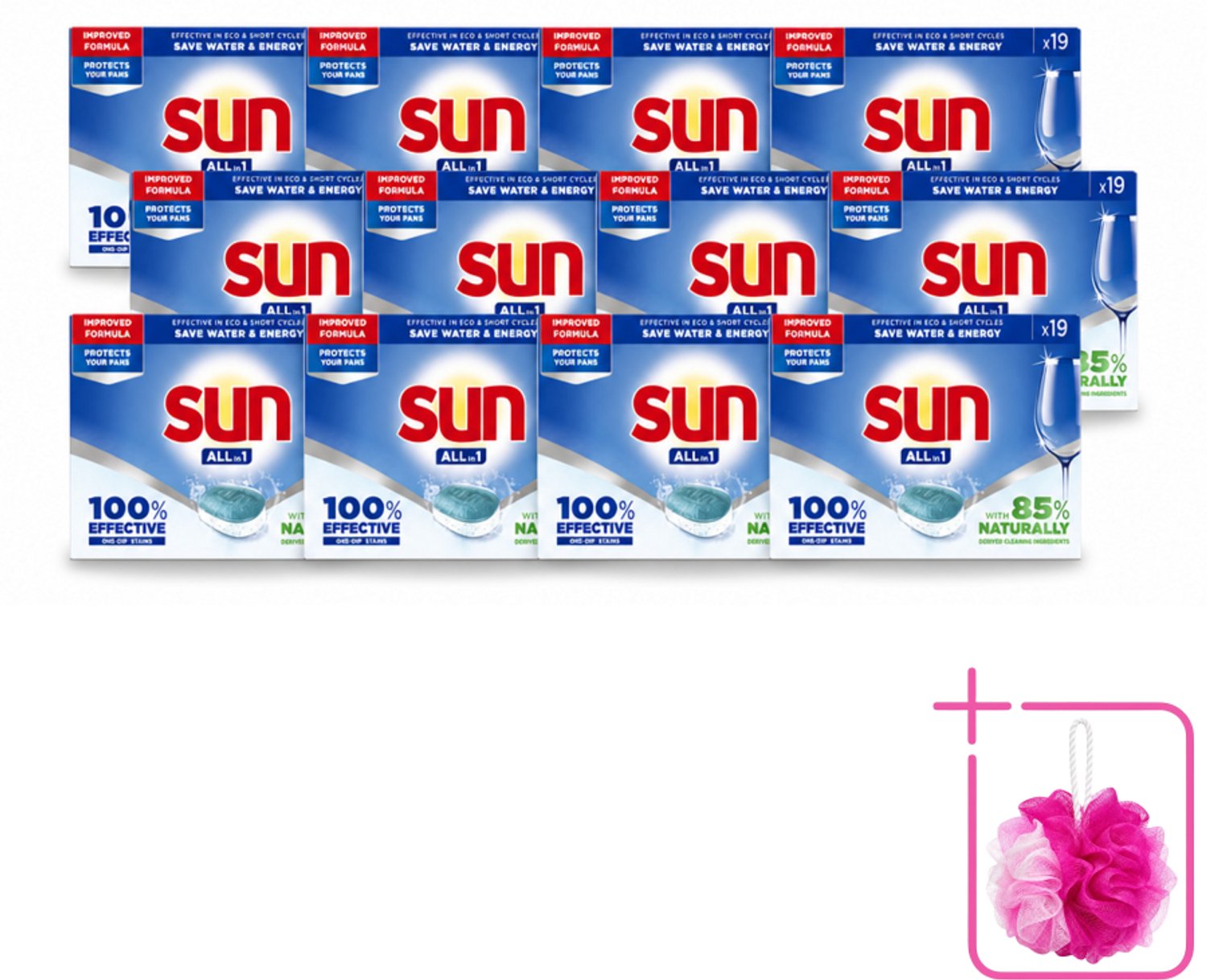 12 x Sun - Vaatwastabletten - All-in-1 Neutraal - 19 tabletten - Bulkverpakking - Vaatwasmiddel - Douchemop - Vaatwastablet