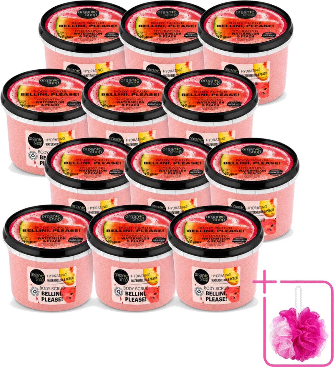 12 x Organic Shop - Body Scrub Watermelon & Peach - Hydratatie en Frisheid - 250 ml - Bulkverpakking - Bodyscrub - Douchemop - Hydraterende scrub