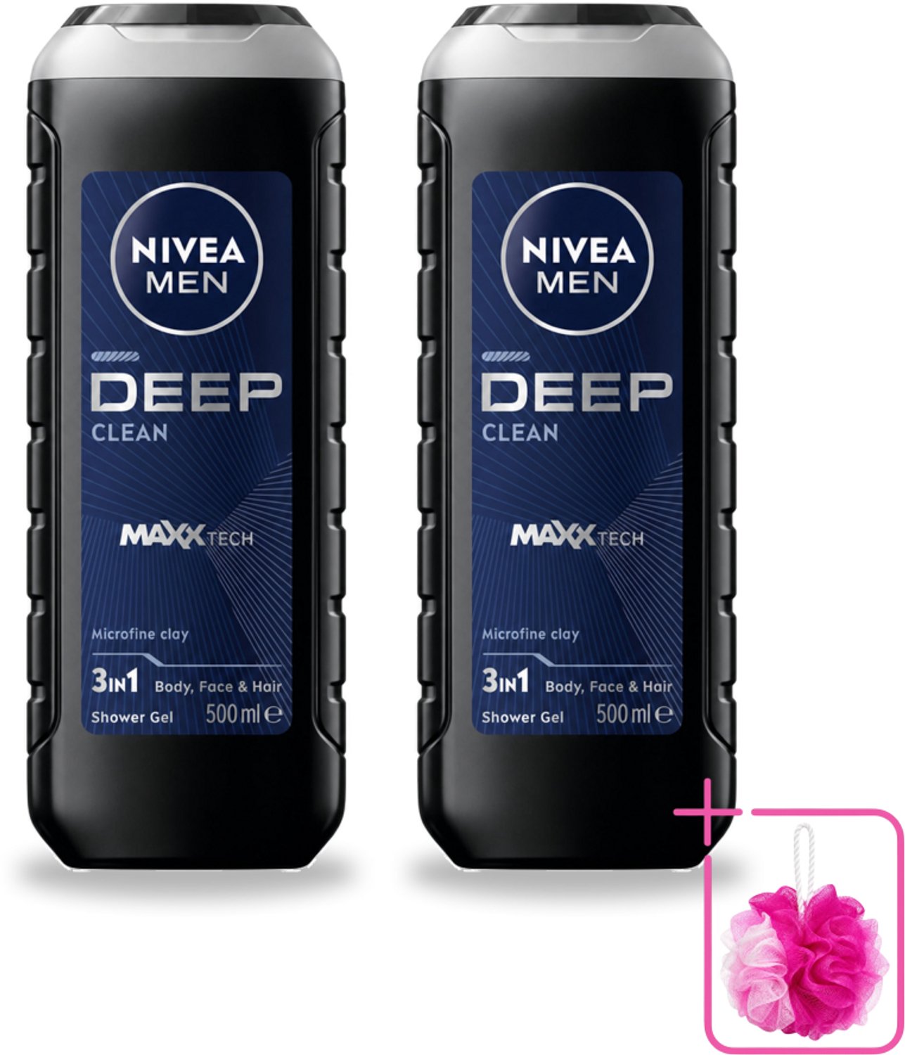 2 x NIVEA MEN - Douchegel - Deep Clean 3-in-1 - 500 ml - Bulkverpakking - Diepe reiniging - Douchemop - Microklei