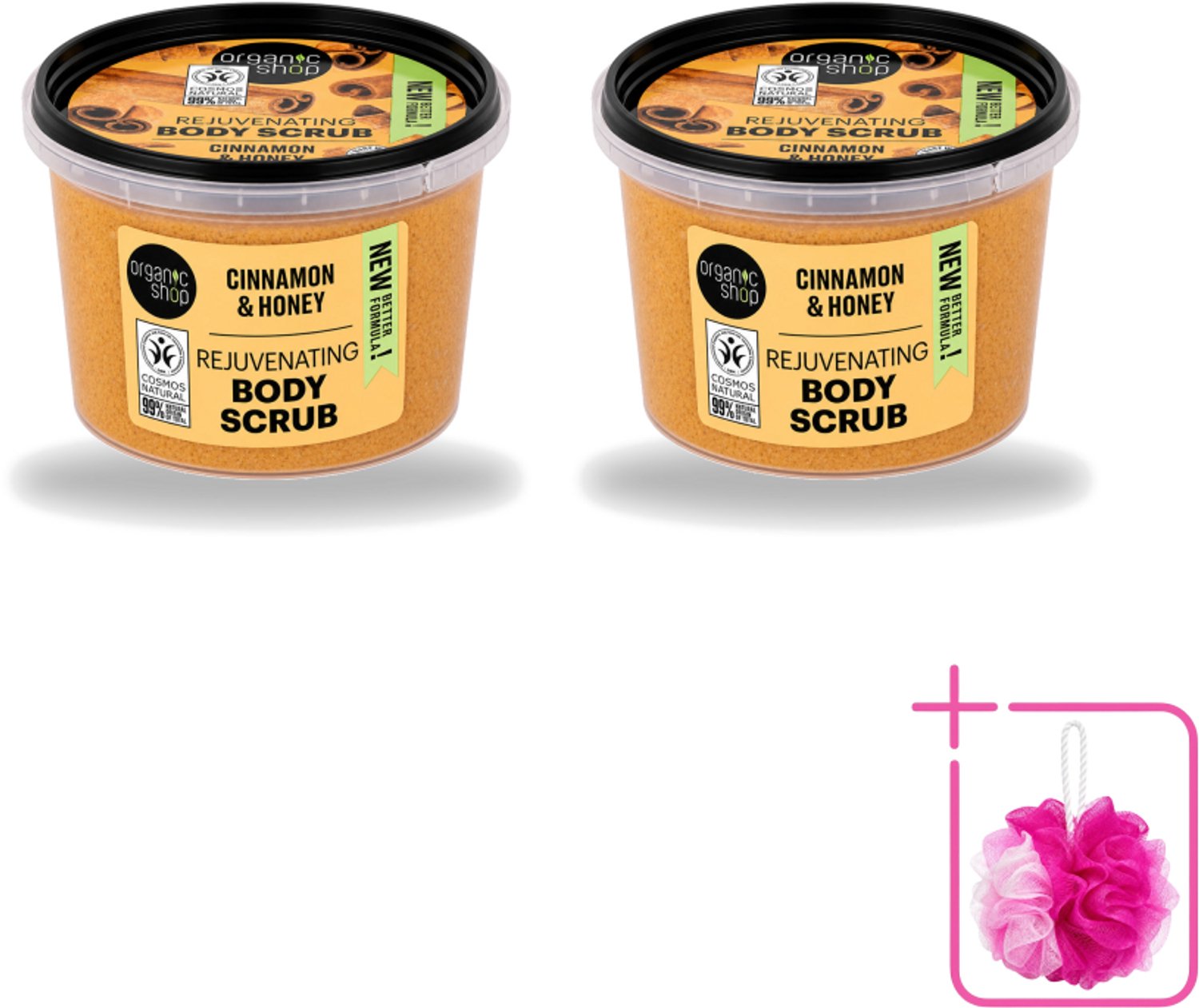 2 x Organic Shop - Rejuvenating Body Scrub Cinnamon - Exfoliërend en Hydraterend - 250 ml - Bulkverpakking - Exfoliatie - Douchemop - Huidvernieuwing