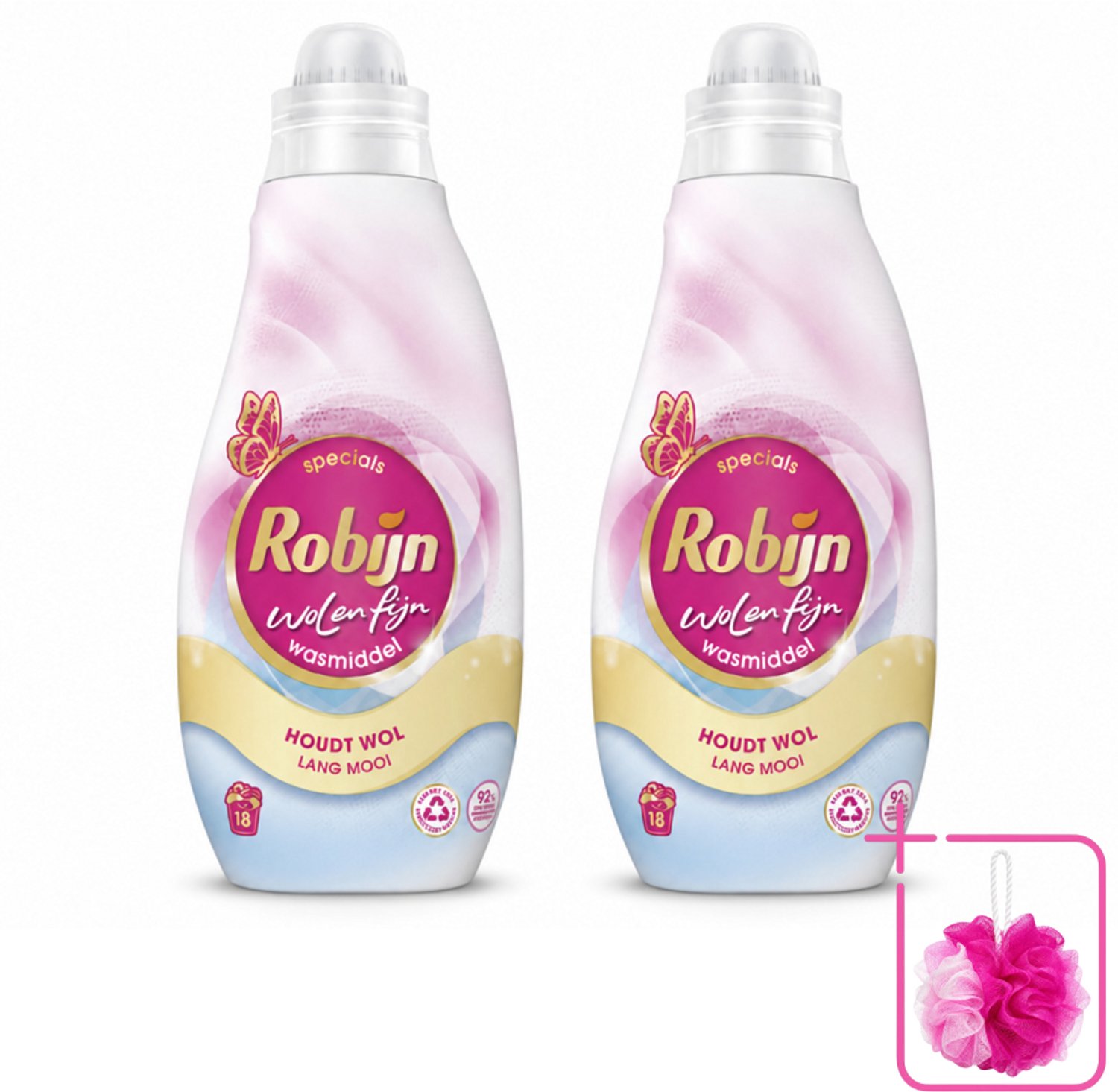 2 x Robijn Specials - Wol & Fijn - Vloeibaar Wasmiddel - 18 Wasbeurten - Bulkverpakking - Wasmiddel Wol en Zijde - Douchemop - Fijne was beschermers