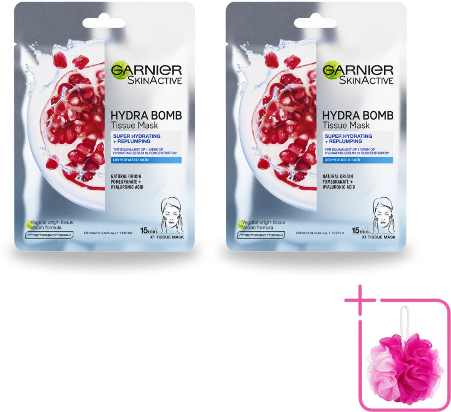 2 x Garnier - SkinActive - Hydra Bomb Sheet Mask - Granaatappel - Gezichtsmasker - 1 Gezichtsreinigingsmiddel - Bulkverpakking - Gezichtsmasker - Douchemop - Hydraat