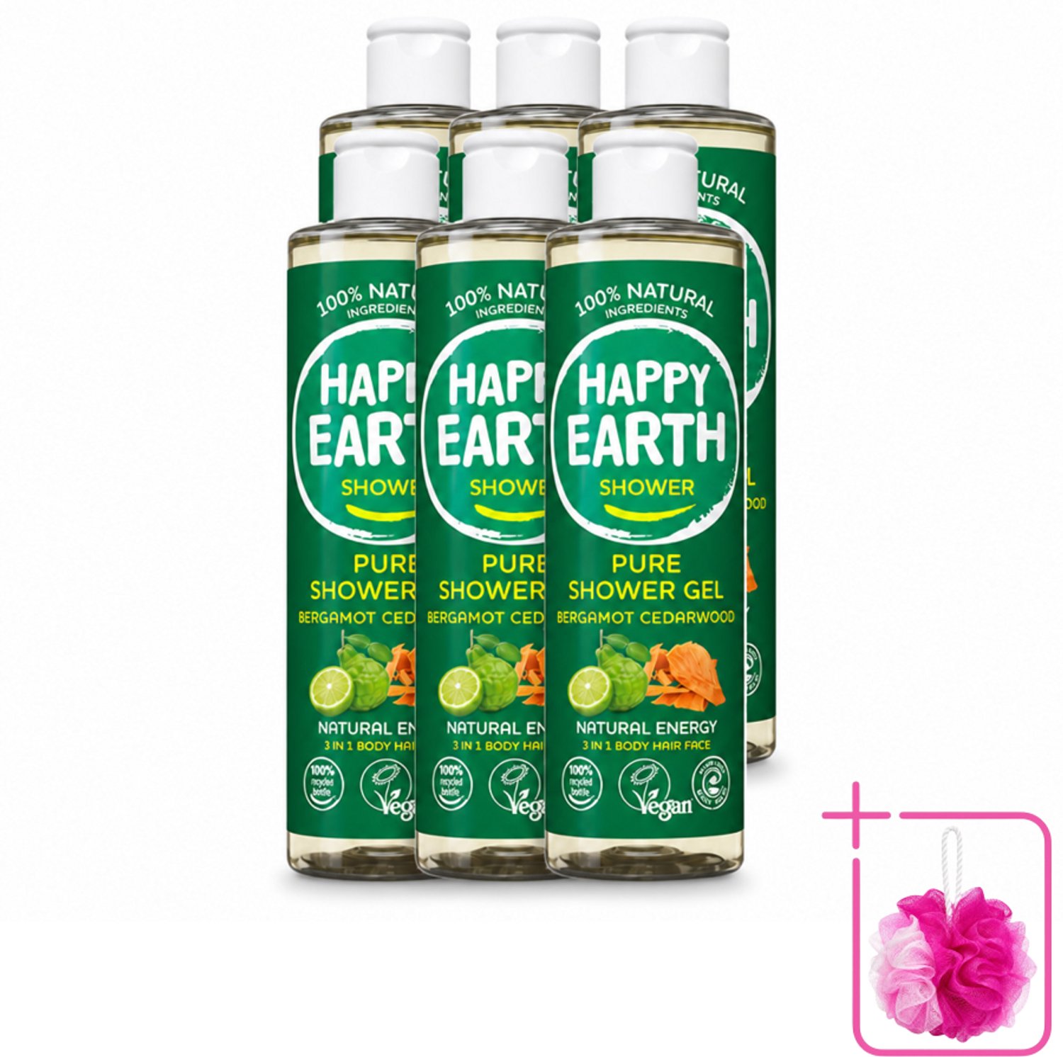 6 x Happy Earth – Douchegel – 100% Natuurlijk Bergamot Cedarwood – 300 ml - Bulkverpakking - Douchegel bergamot cederhout - Douchemop - Natuurlijke douchegel