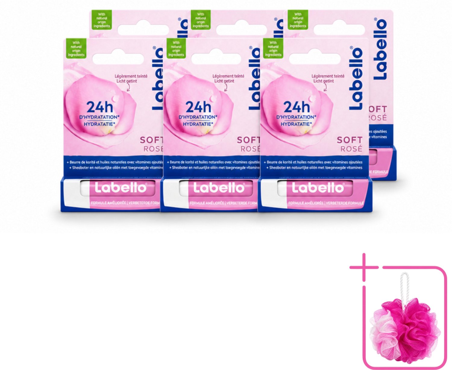 6 x Labello – Lippenbalsem – Soft Rosé – Lippenbalsem – 24H Hydratatie - Bulkverpakking - Hydraatende lippenbalsem - Douchemop - Roze lippenbalsem