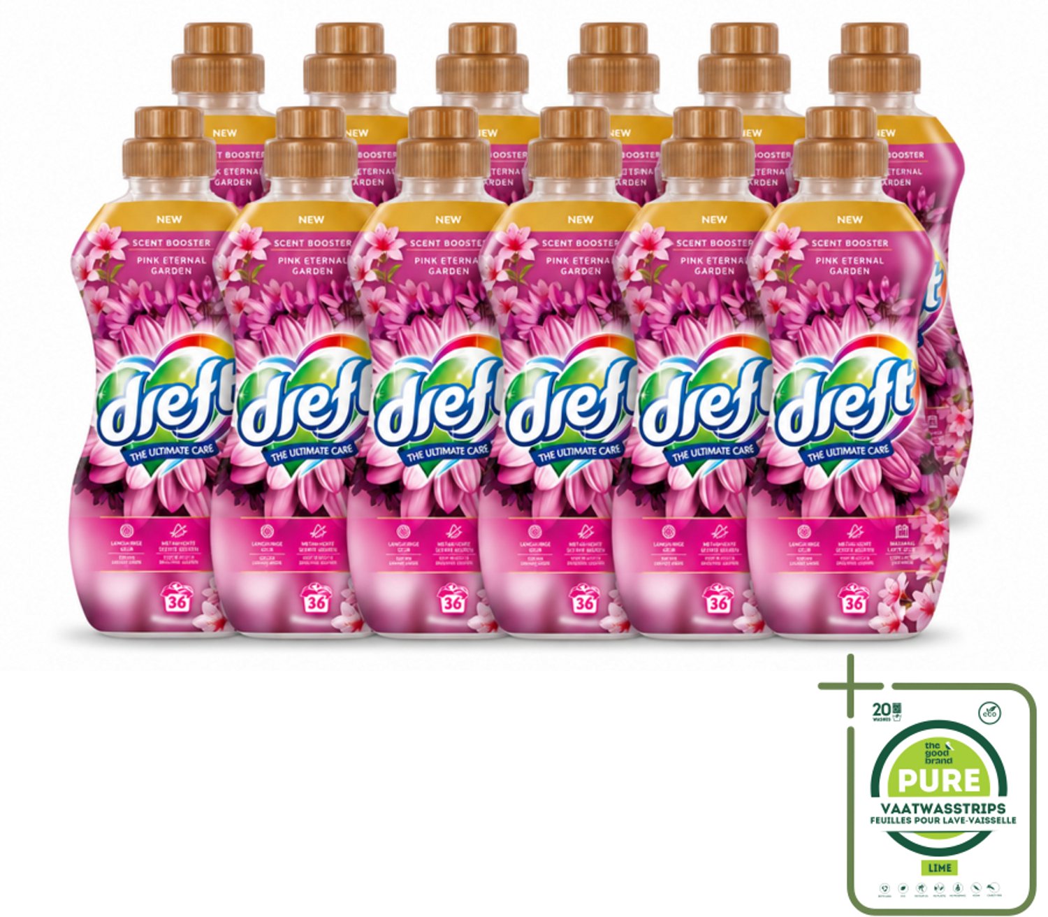 12 x Dreft – Pink Eternal Garden – Vloeibare Geurbooster – 720 ml – 36 wasbeurten - Grootverpakking - Vaatwasstrips - Wasmiddel Poeder - Frisheid Was - Kleurbescherming - Vezelbescherming - Anti-kreukwerking