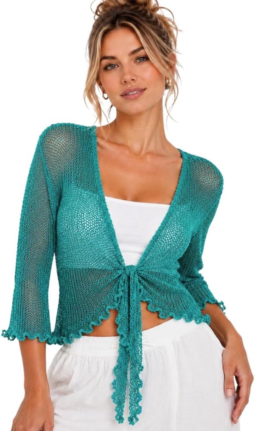 Nieuwe Dames 3/4 Mouw Dubbele Fijne Gebreide Bali TieUp Bolero Shrug Crop Vest Top