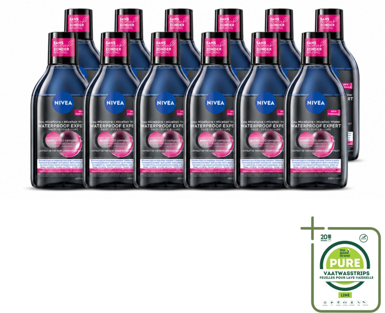 12 x NIVEA – Micellair Reinigingswater – Waterproof Expert – 400 ml - Grootverpakking - Vaatwasstrips - Reiniging Make-up - Make-up Verwijderen - Micellair Water - Huid Reinigen - Waterproof Make-up Verwijderen