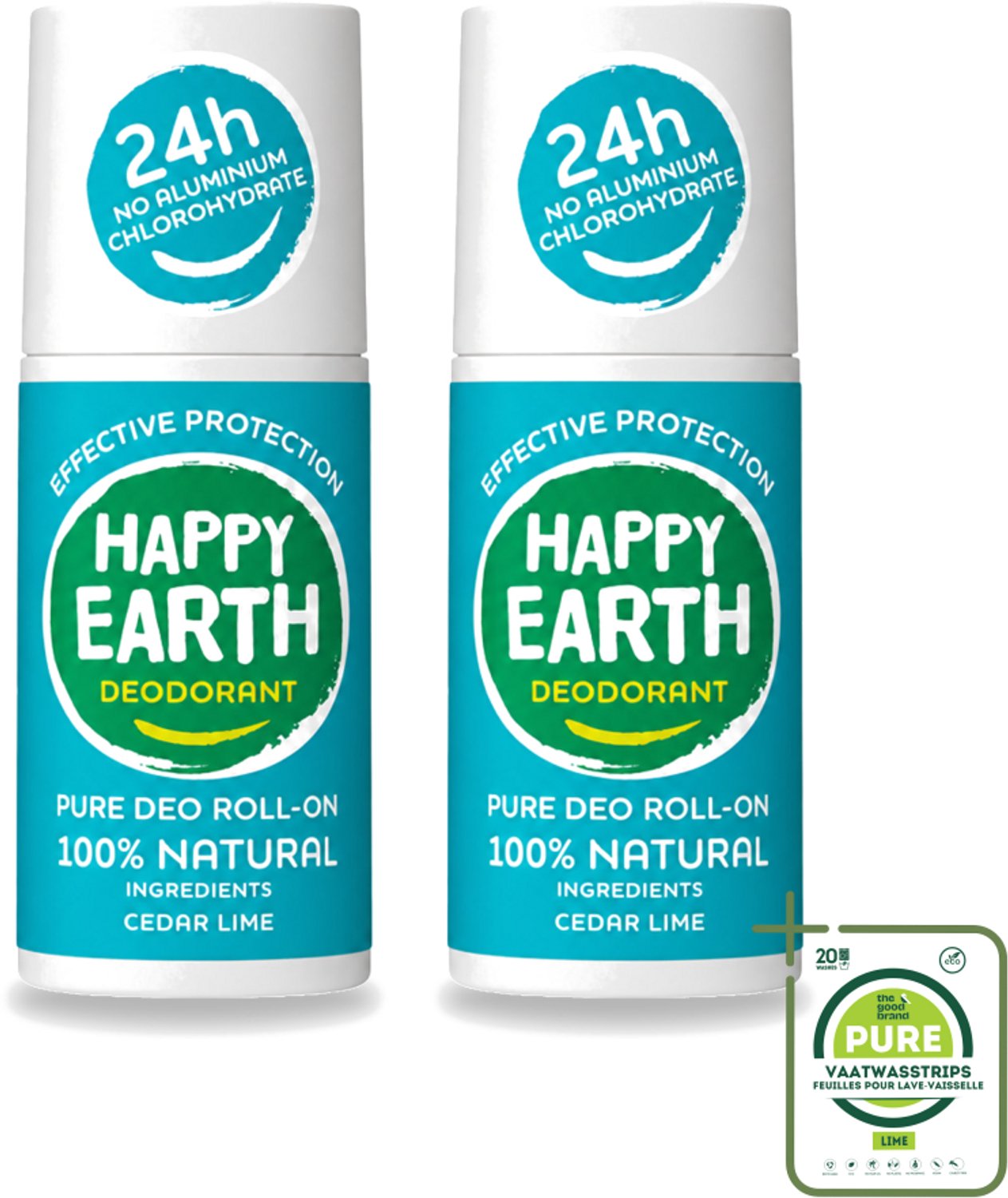 2 x Happy Earth – Deodorant Roll-On – 100% Natuurlijk Cedar Lime – 75 ml - Grootverpakking - Vaatwasstrips - Deodorant - Natuurlijke Deodorant - Cederhout En Limoen - Fris - Huidvriendelijk