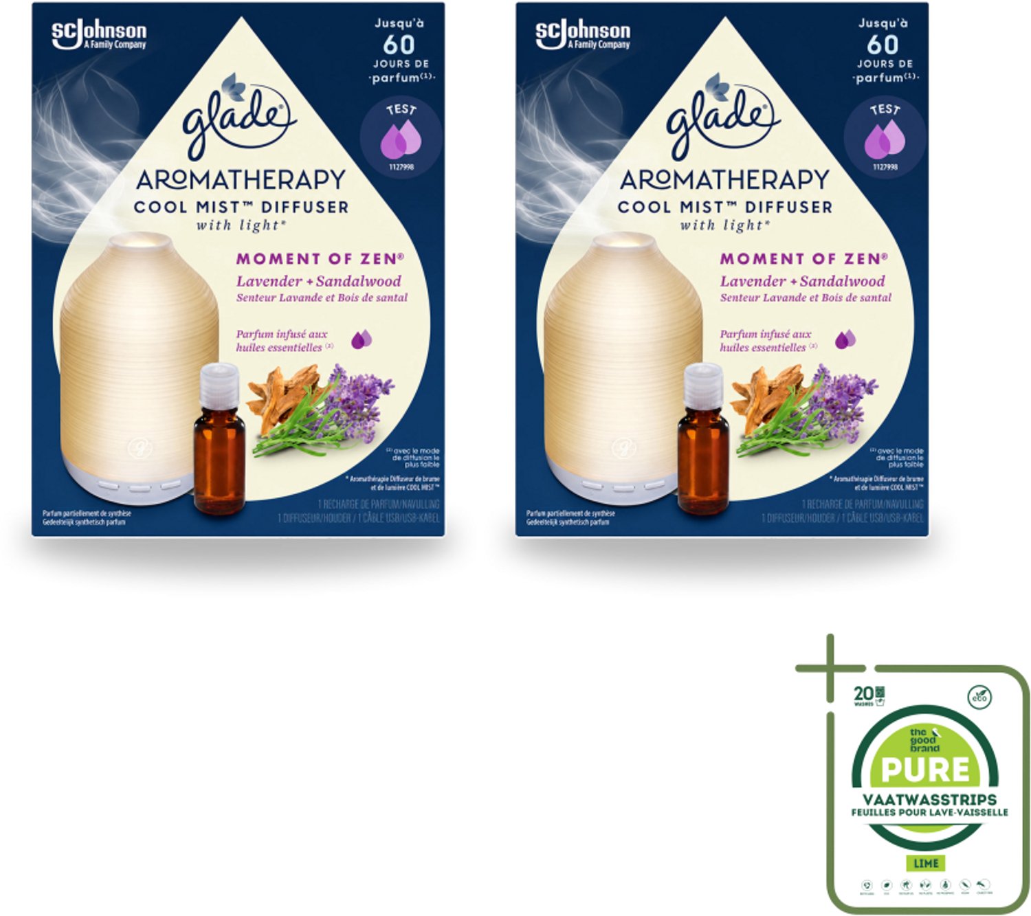 2 x Glade – Aromatherapy Mist Diffuser – Starterpakket – Houder + Moment of Zen Navulling - 17,4 ml - Grootverpakking - Vaatwasstrips - Aromatherapie - Ontspanning - Lavendel - Sandelhout - Geur