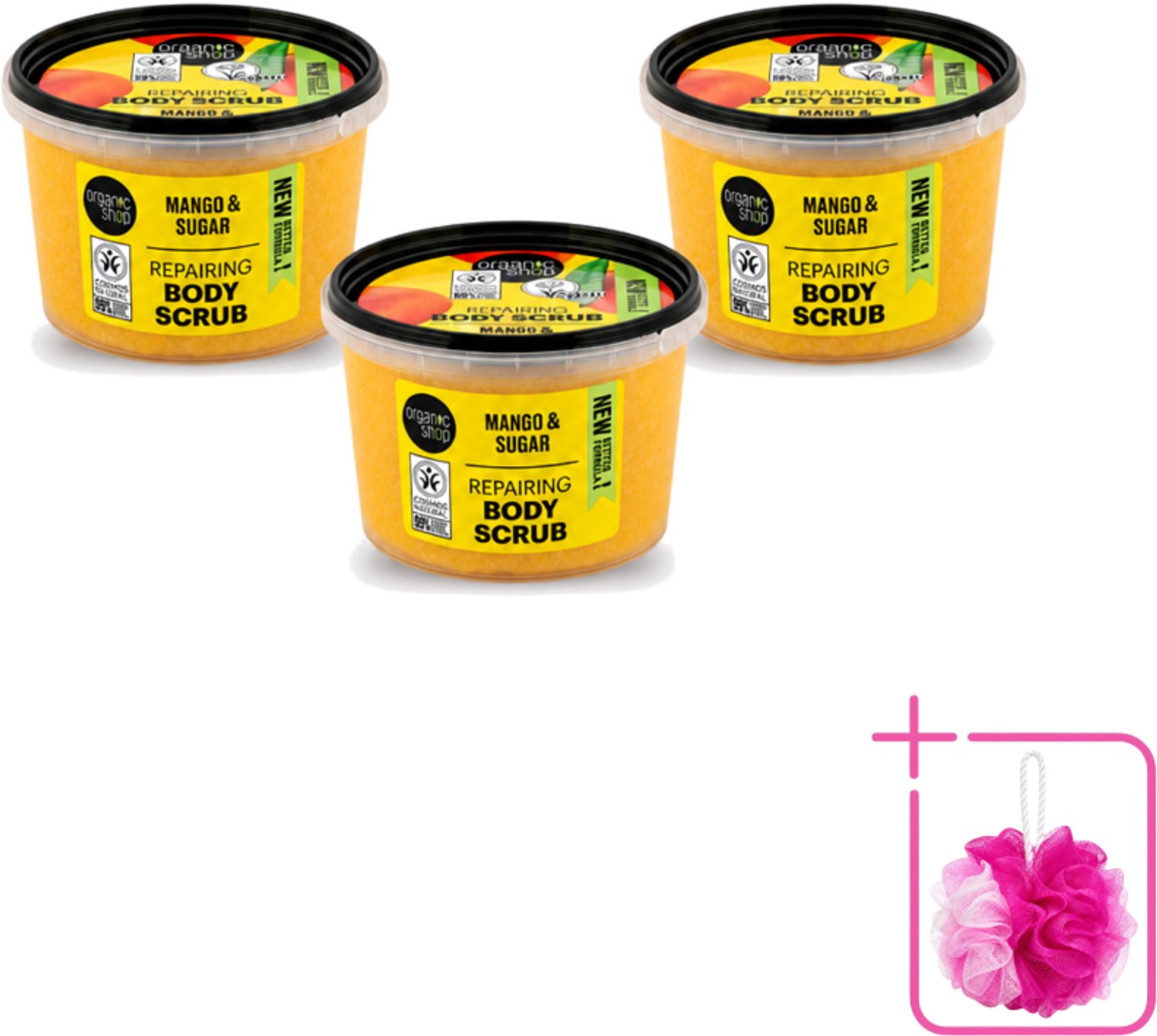 3 x Organic Shop - Organic Mango & Sugar Body Scrub - Peeling en Geur - 250 ml - Bulkverpakking - Organische bodyscrub - Douchemop - Mango scrub