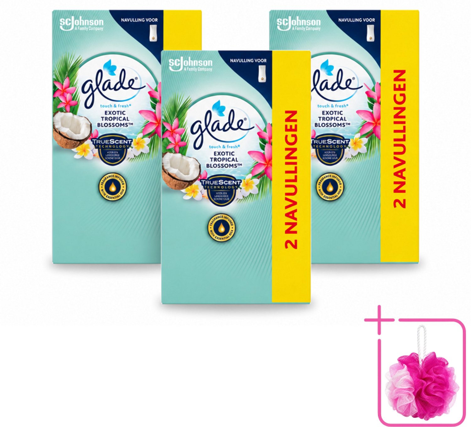 3 x Glade - Touch & Fresh - Exotic Tropical Blossoms - 2x 10 ml - Bulkverpakking - Geur - Douchemop - Frisheid