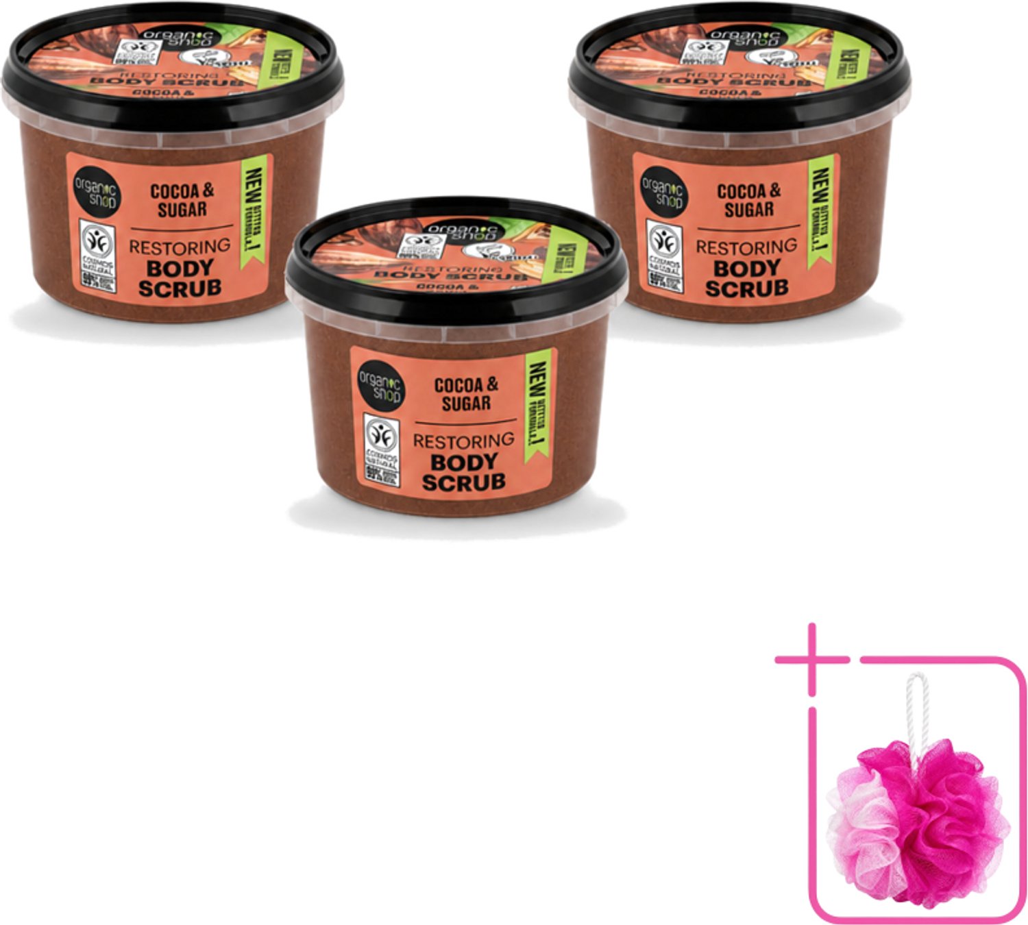 3 x Organic Shop - Body Scrub Cocoa - Rijke Hydratatie - 250 ml - Bulkverpakking - Bodyscrub - Douchemop - Exfoliatie
