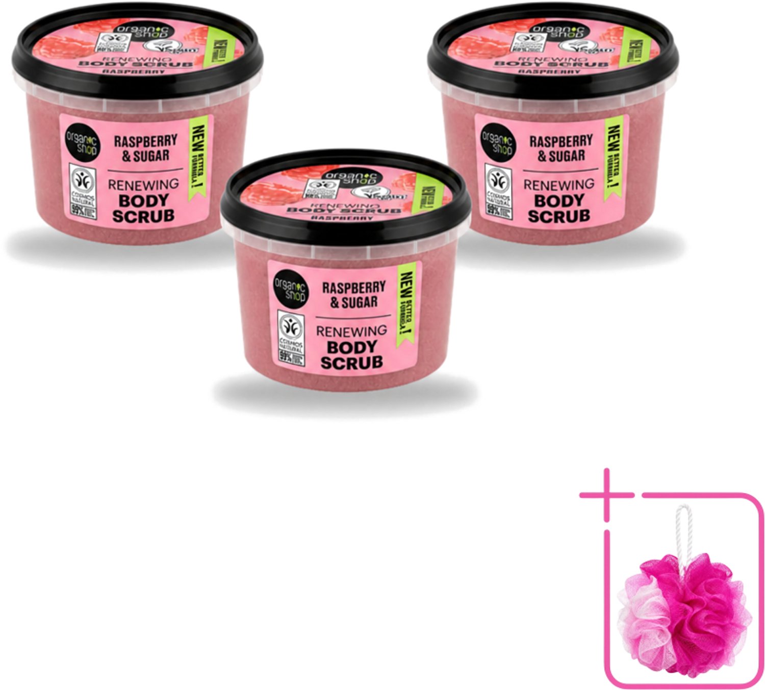 3 x Organic Shop - Organic Raspberry & Sugar Body Scrub - Verfrissend en Peeling - 250 ml - Bulkverpakking - Biologische bodyscrub - Douchemop - Framboos scrub