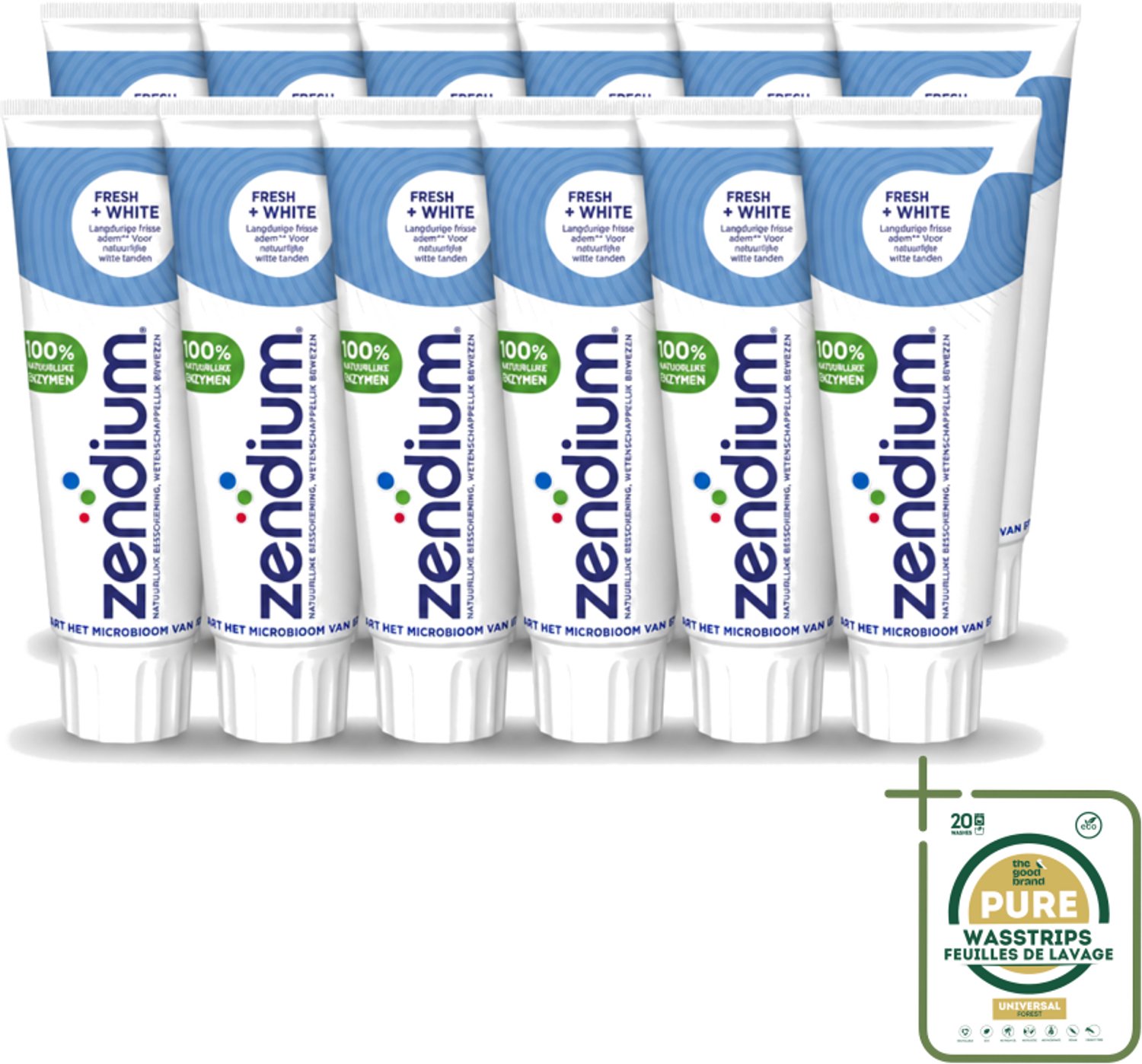 12 x Zendium - Tandpasta - Fresh+ White - 75 ml - Wasstrips - Tandpasta - Frisse Adem - Witte Tanden - Natuurlijke Tandpasta - Fluoride
