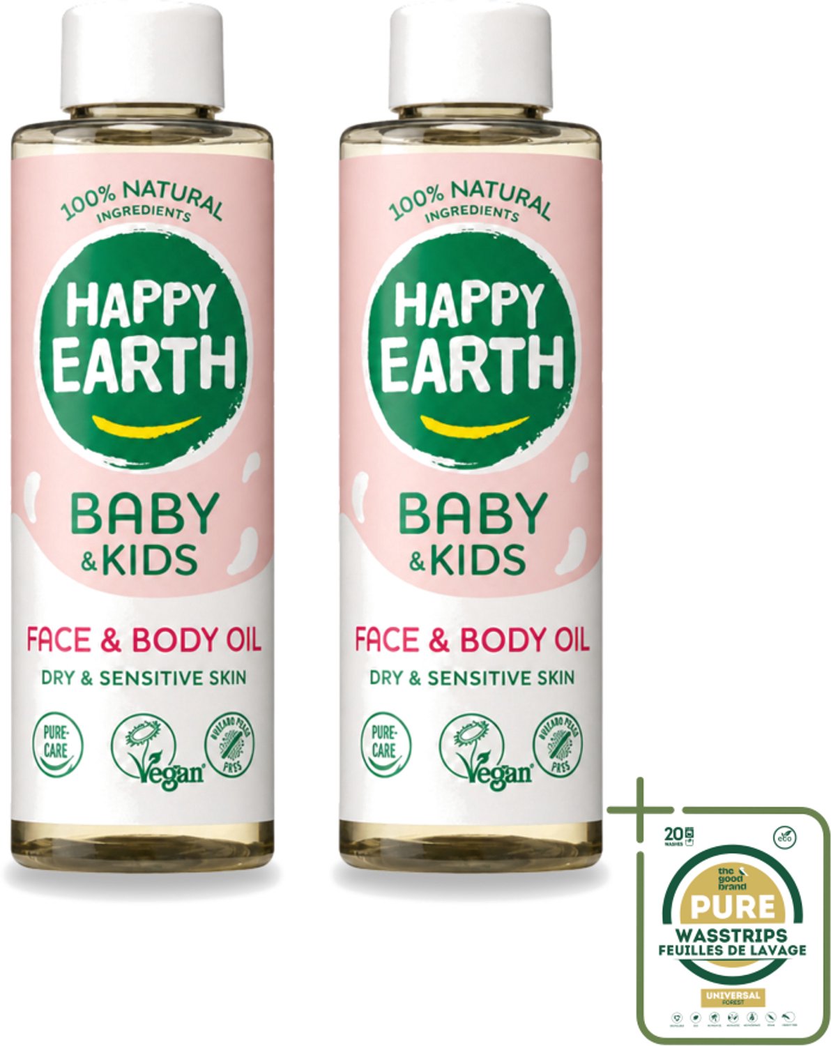 2 x Happy Earth – Face & Body Oil – 100% Natuurlijk Baby & Kids – 150 ml - Wasstrips - Babyolie - Gezichtsolie - Lichaamsoil - Natuurlijke Huidverzorging - Gevoelige Huid