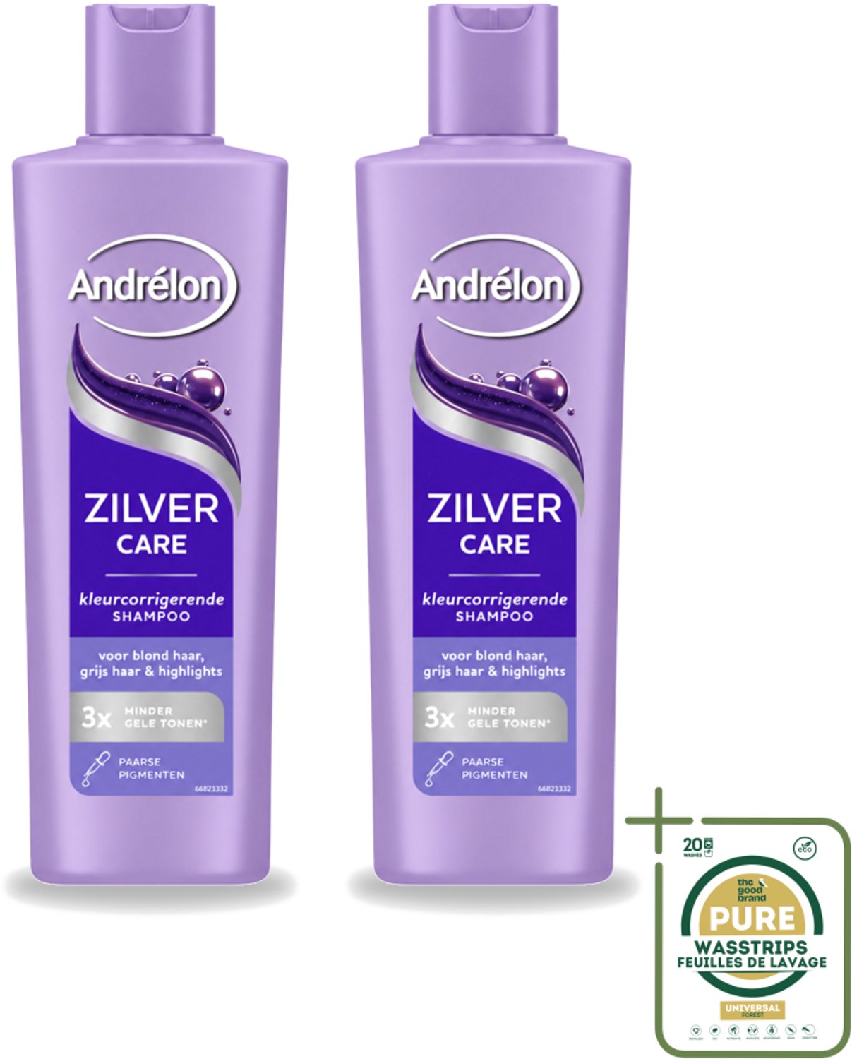 2 x Andrélon – Shampoo – Zilver Care – 250 ml - Wasstrips - Zilver Care Shampoo - Haarkleur Corrigeren - Gele Tonen Verminderen - Paarse Pigmenten - Blond Haar