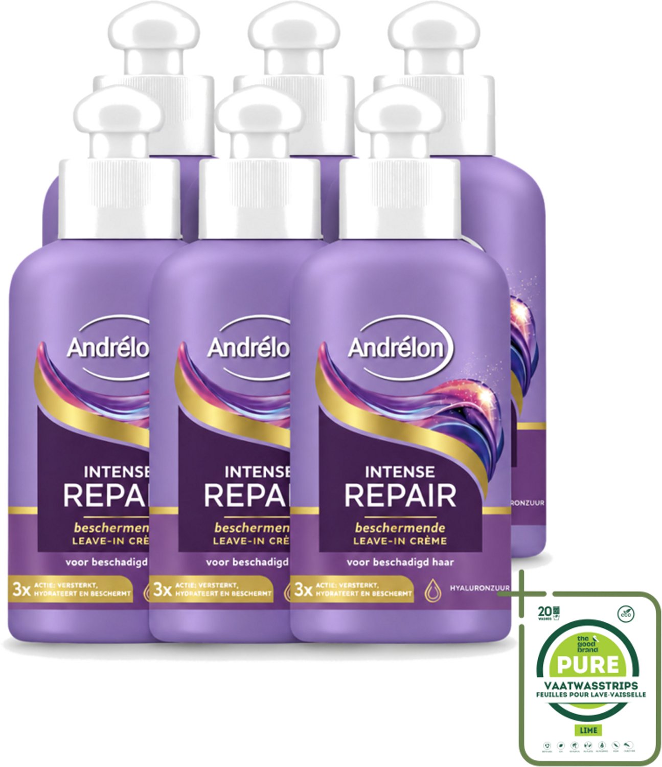 6 x Andrélon – Leave-In Crème – Intense Repair – 200 ml - Grootverpakking - Vaatwasstrips - Haarverzorging - Droog Haar - Beschadigd Haar - Hyaluronzuur - Leave-in Crème