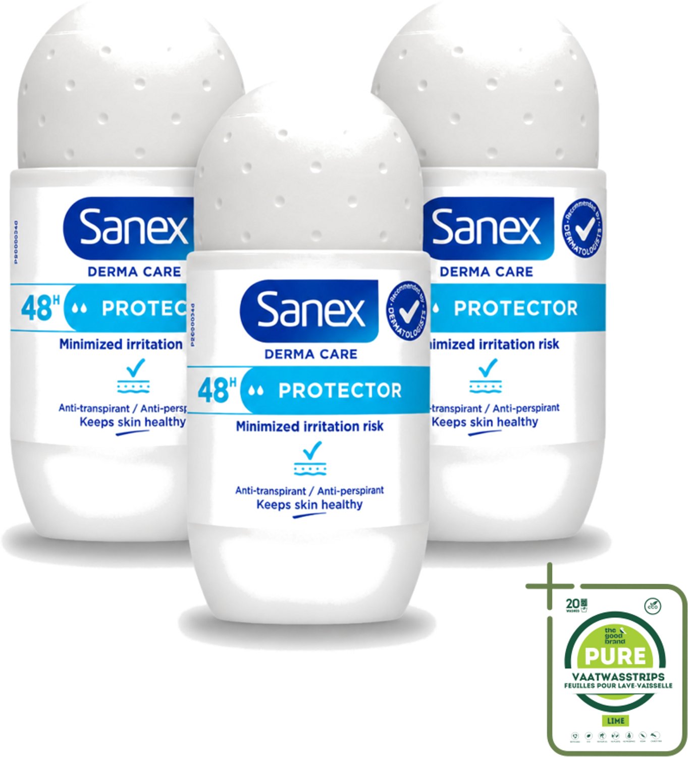 3 x Sanex – Deodorant Roller – Dermo Protector – 53 ml - Grootverpakking - Deodorant Roller - Huidbescherming - Zweetbehandeling - Geurvervoeging - Mineralen