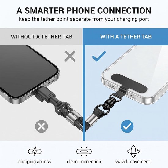 8 stuks telefoonbevestigingen, mobiele telefoon patch van roestvrij staal, 360° draaibaar, ultradun telefoonkoord, 0,3 mm, telefoonhouder voor koord, zilver en zwart — afbeelding 2