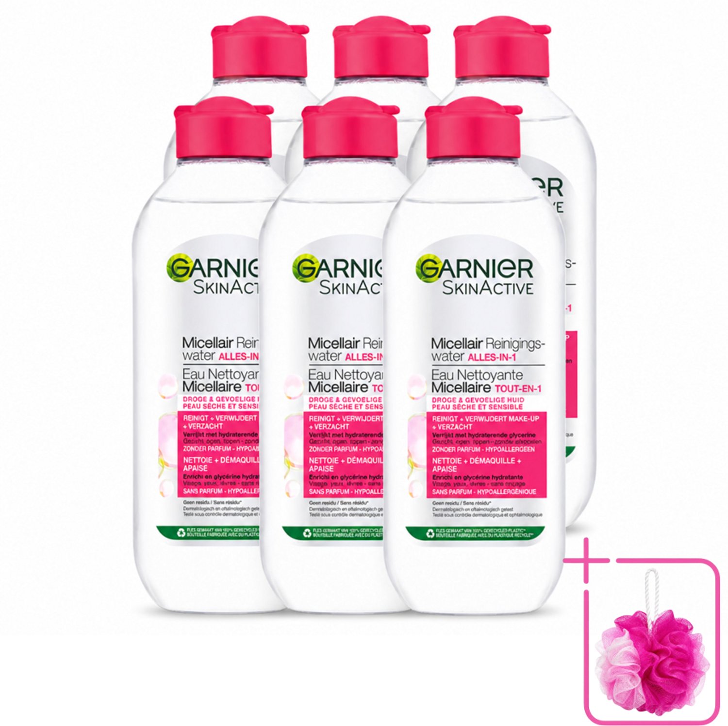 6 x Garnier - SkinActive - Micellair Reinigingswater - Droge & Gevoelige Huid - Hydraterend & Reinigend - 400 ml - Bulkverpakking - Micellair reinigingswater - Douchemop - Droge huid