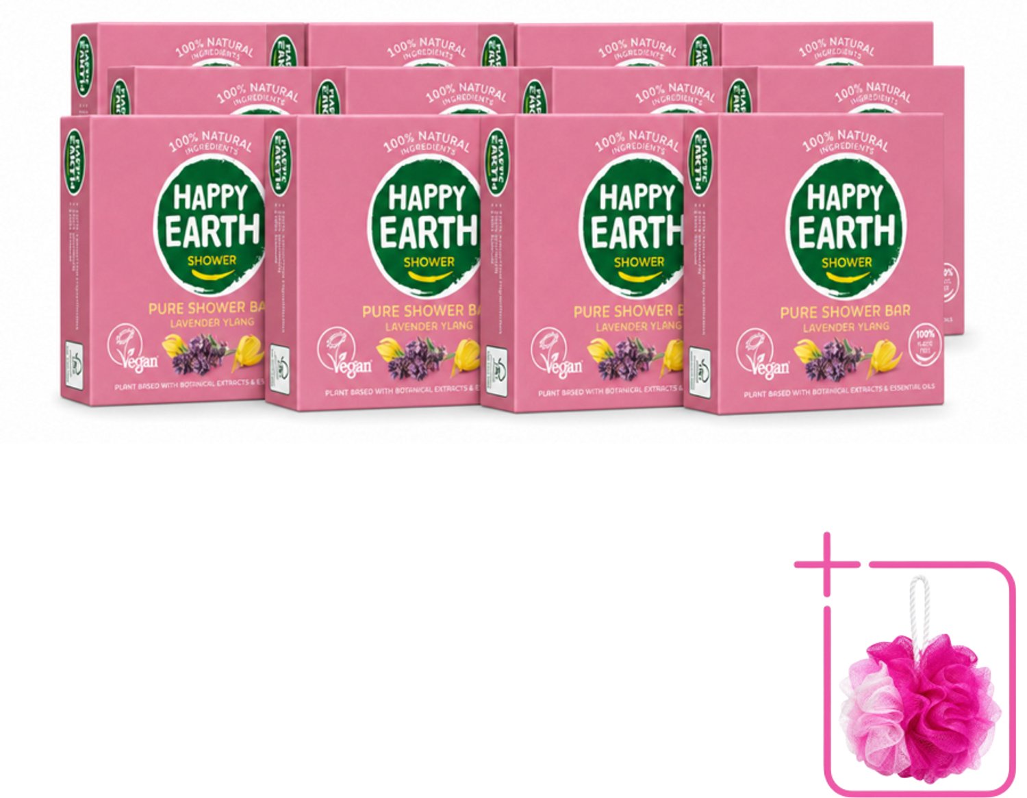 12 x Happy Earth – Shower Bar – 100% Natuurlijk Lavender Ylang – 90 g - Bulkverpakking - Douchegel - Douchemop - Natuurlijke douchegel