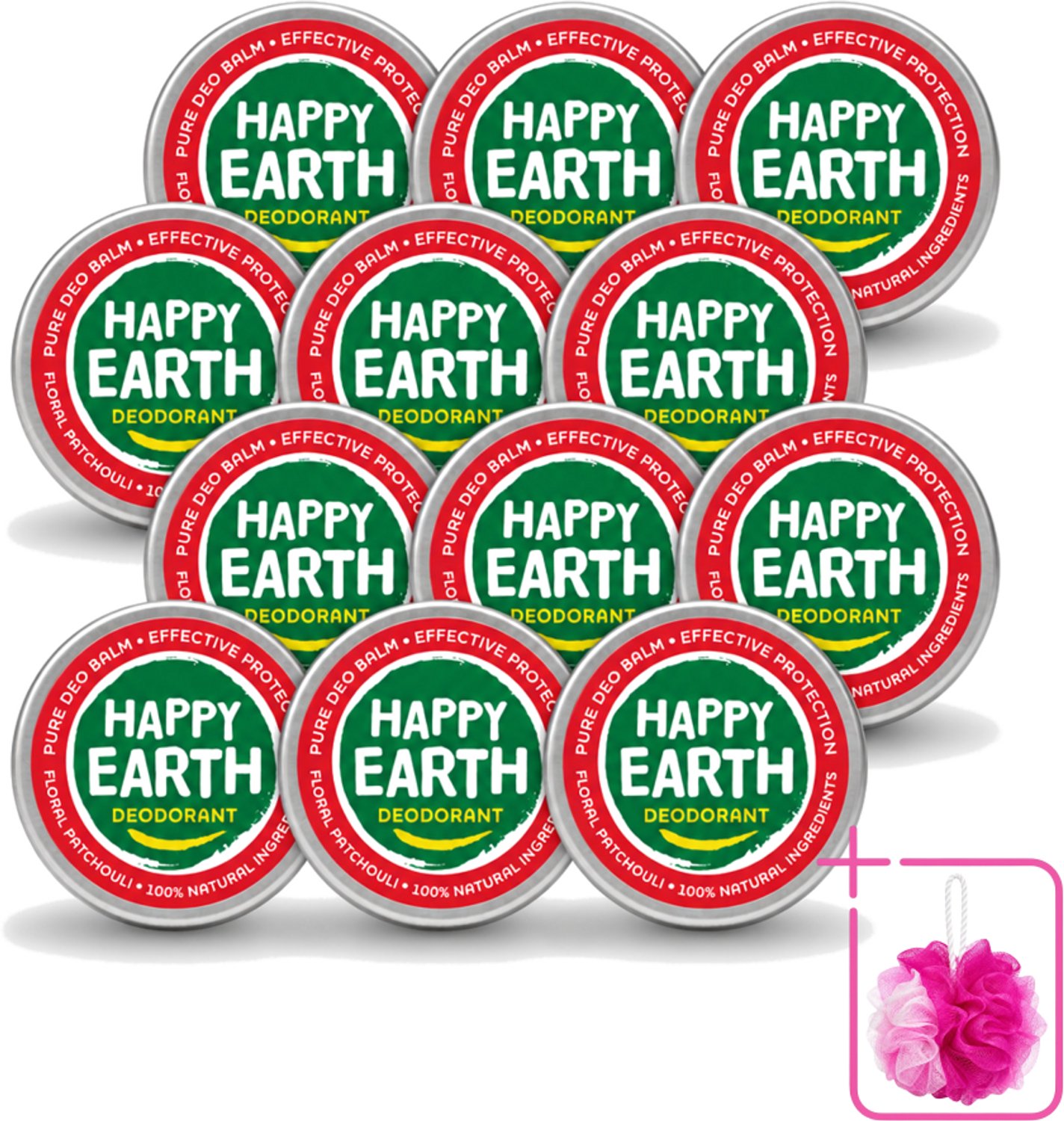 12 x Happy Earth – Deodorant Balm – 100% Natuurlijk Floral Patchouli – 45 g - Bulkverpakking - Deodorant balm - Douchemop - Natuurlijke deodorant