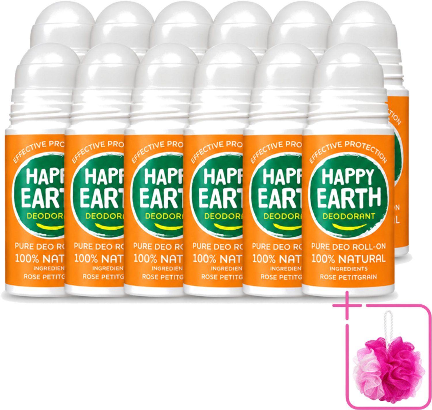 12 x Happy Earth – Deodorant Roll-On – 100% Natuurlijk Rose Petitgrain – 75 ml - Bulkverpakking - Natuurlijke deodorant - Douchemop - Roll-on deodorant