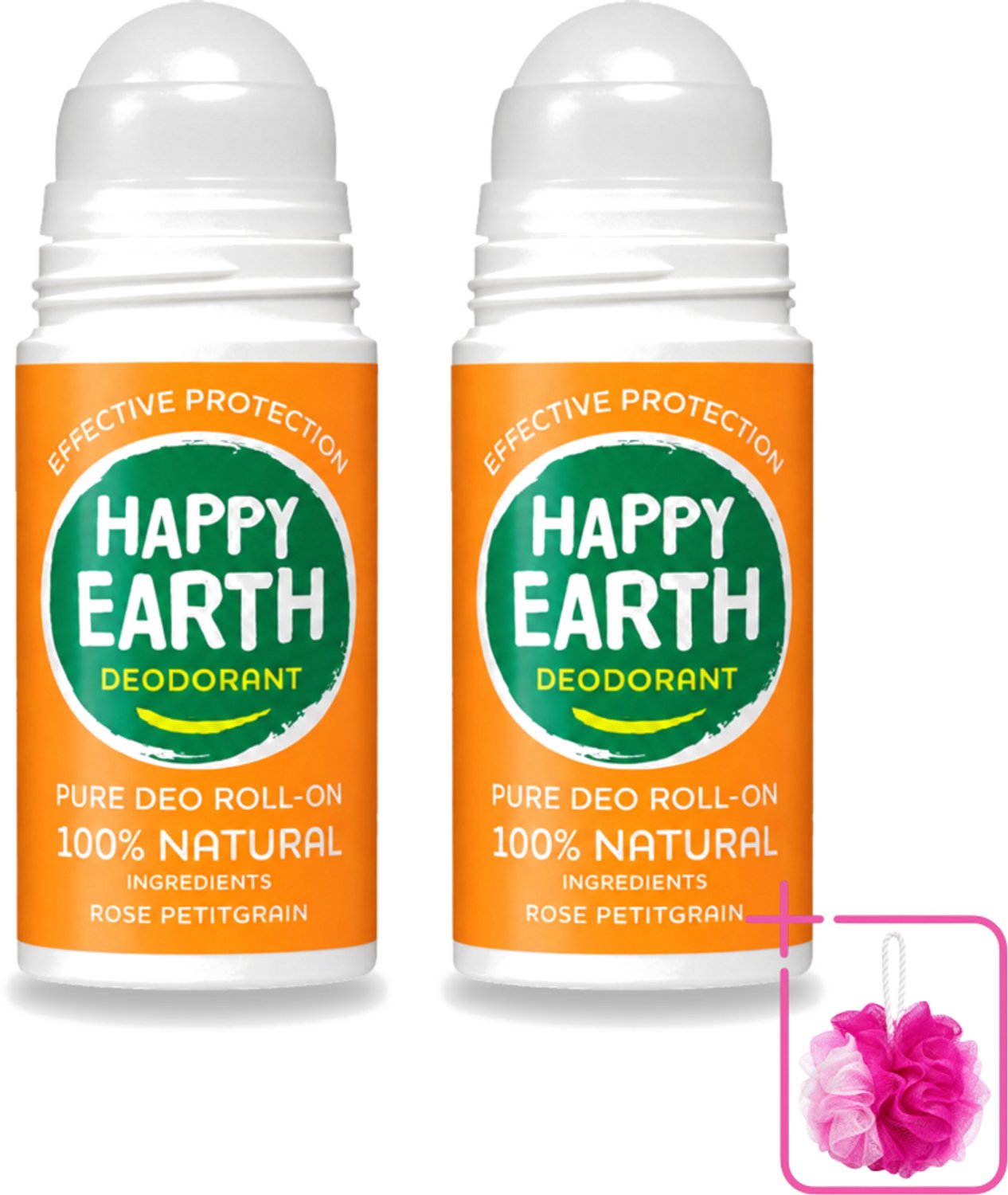 2 x Happy Earth – Deodorant Roll-On – 100% Natuurlijk Rose Petitgrain – 75 ml - Bulkverpakking - Natuurlijke deodorant - Douchemop - Roll-on deodorant