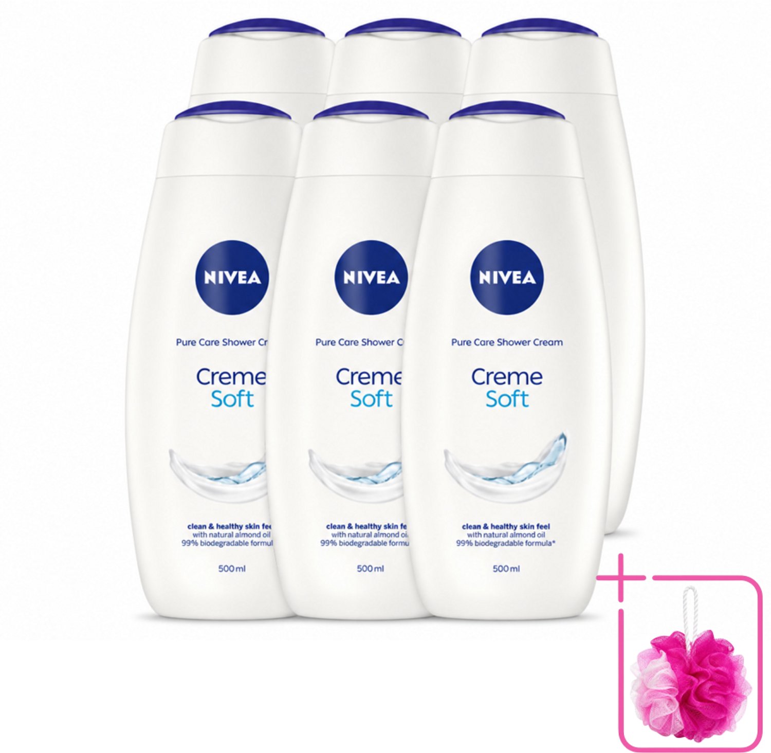 6 x NIVEA - Douchecrème - Zacht - Huidbeschermend - Amandelolie - 500 ml - Bulkverpakking - Douchecrème - Douchemop - Huid verzorgen