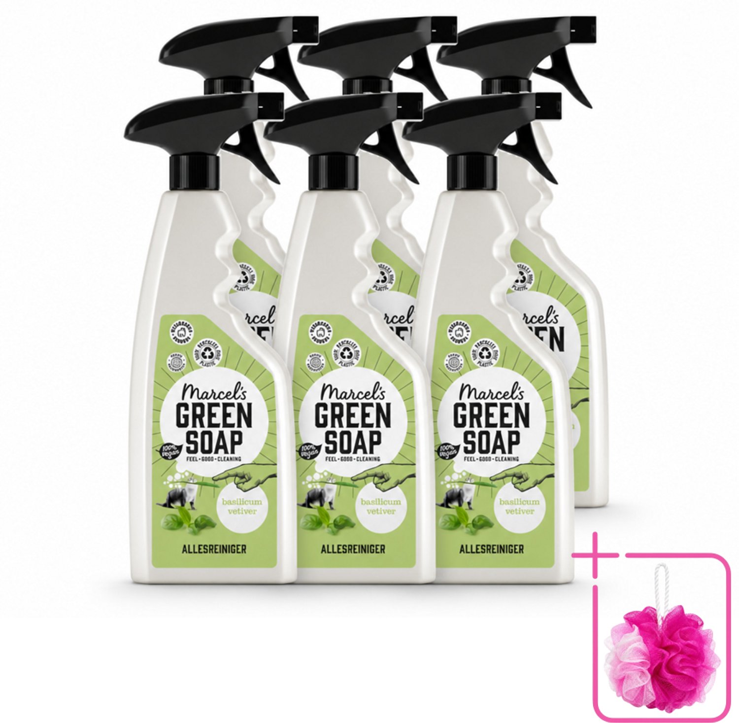 6 x Marcel's Green Soap - Allesreiniger Spray - Basilicum & Vetiver gras - Natuurlijk & effectief - 500 ml - Bulkverpakking - Allesreiniger spray - Douchemop - Natuurlijke reiniger