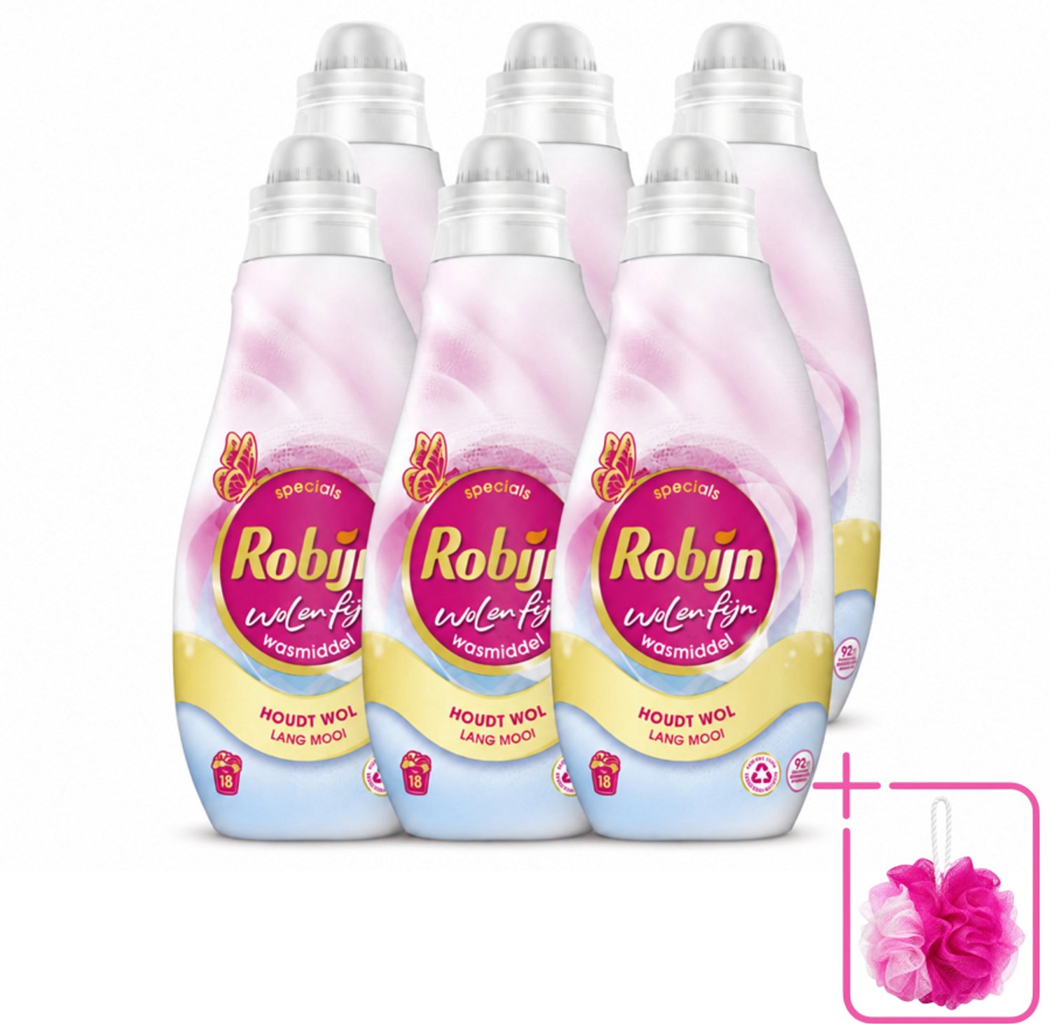 6 x Robijn Specials - Wol & Fijn - Vloeibaar Wasmiddel - 18 Wasbeurten - Bulkverpakking - Wasmiddel Wol en Zijde - Douchemop - Fijne was beschermers