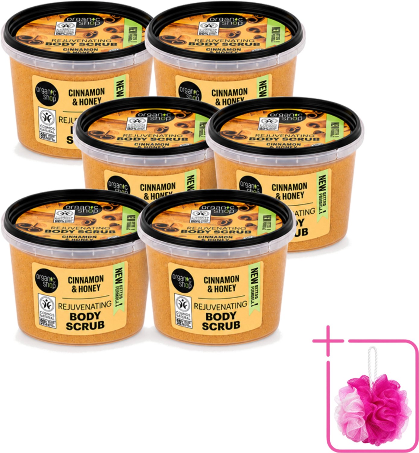 6 x Organic Shop - Rejuvenating Body Scrub Cinnamon - Exfoliërend en Hydraterend - 250 ml - Bulkverpakking - Exfoliatie - Douchemop - Huidvernieuwing