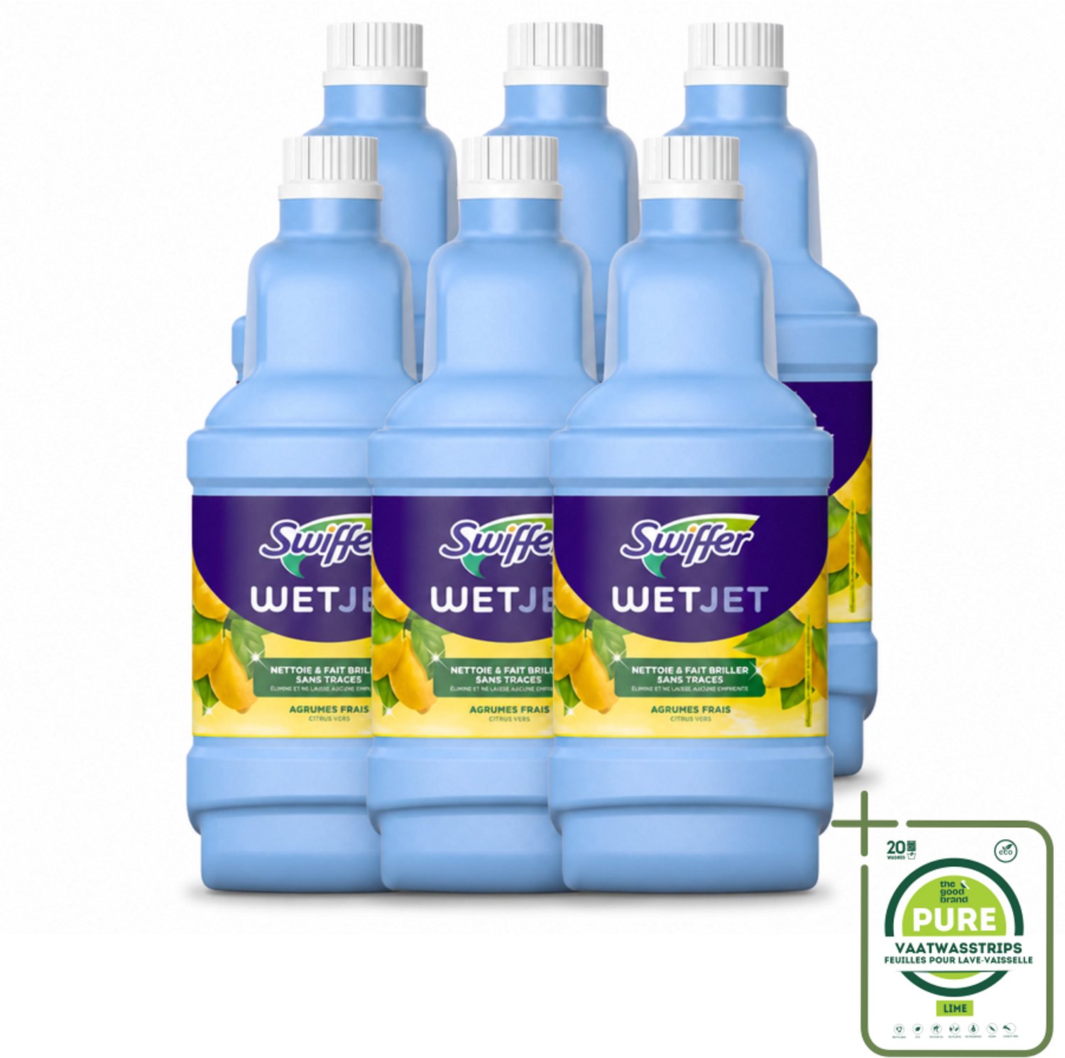6 x Swiffer - WetJet Reinigingsmiddel – Dweilsysteem Navulling – Alles-in-één – 1,25 L - Grootverpakking - Vaatwasstrips - Vloerreiniging - Vet En Vlekken Verwijderen - Doekjes Met Vasthoudtechnologie - Spraymop - Dubbele Jetspray
