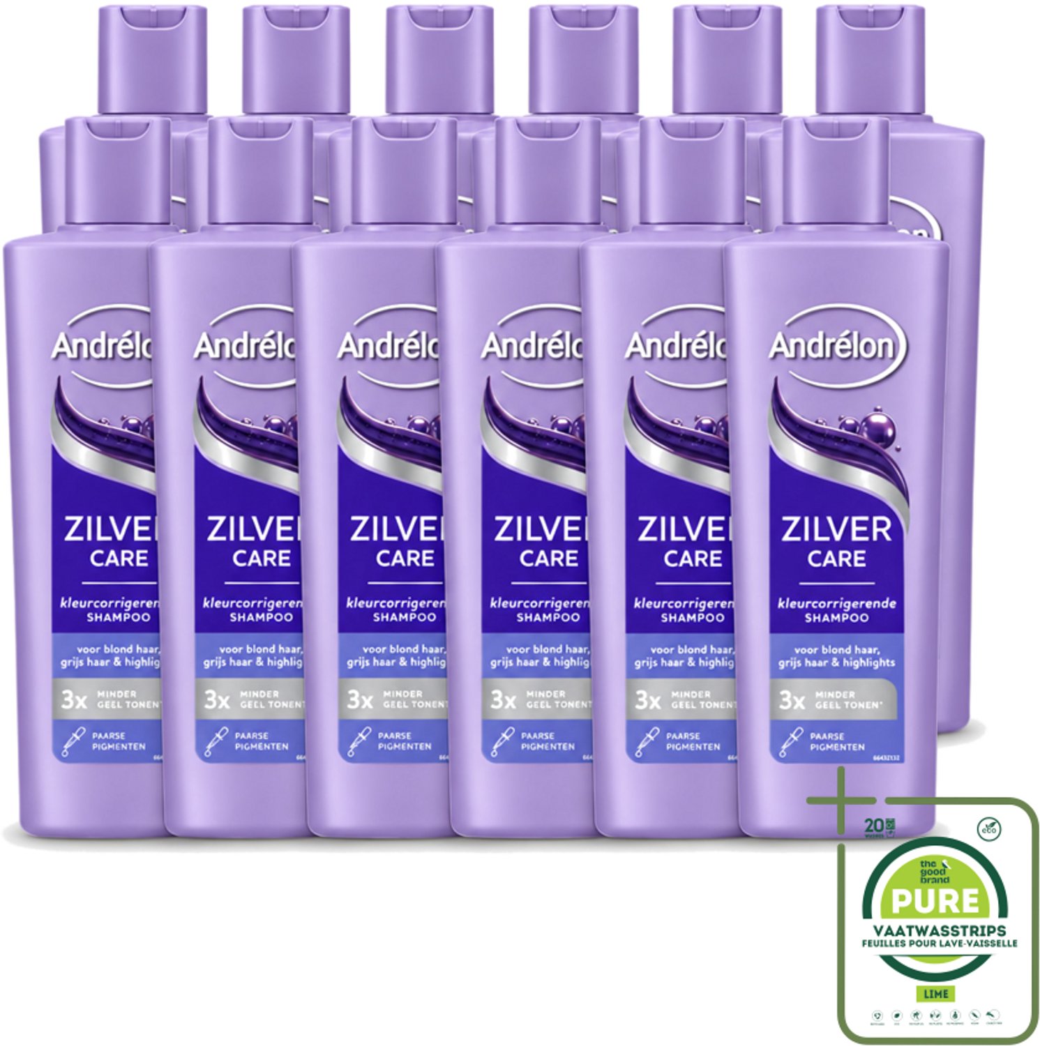 12 x Andrélon – Shampoo – Zilver Care – 250 ml - Grootverpakking - Vaatwasstrips - Zilver Care Shampoo - Koele Haarkleur - Kleurcorrectie - Gele Tonen - Koperkleurige Tonen