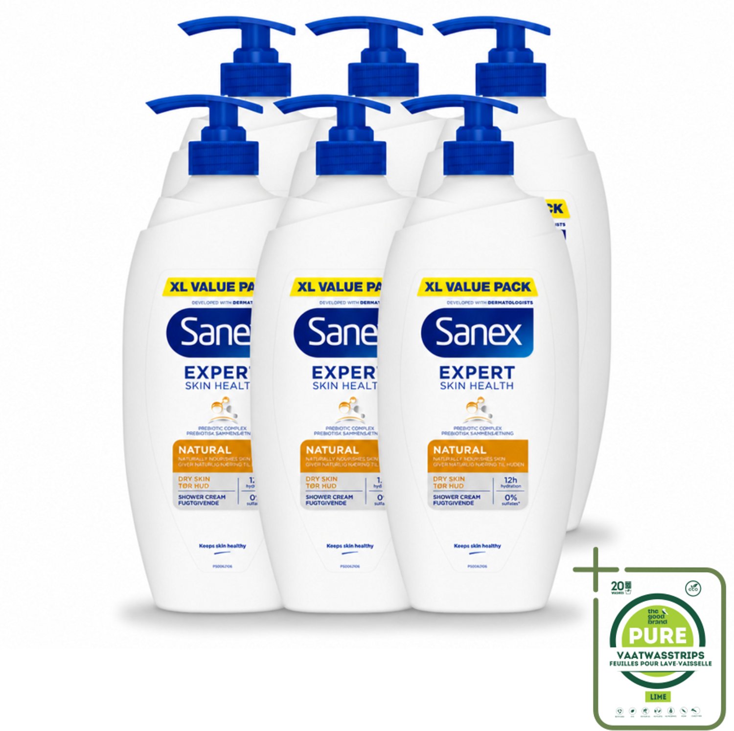 6 x Sanex – Douchecrème – Expert Skin Health Naturals – 750 ml - Grootverpakking - Vaatwasstrips - Gevoelige Huid - Huidverzorging - Douchecrème - Hydratatie - Pre- En Postbiotica