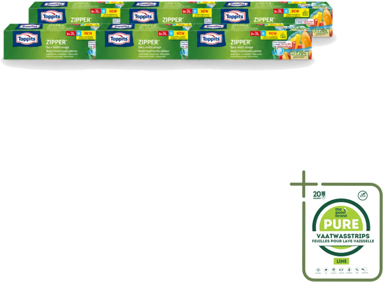 6 x Toppits – Zipper Multifunctionele Zakken – 3 Liter – 8 Zakjes - Grootverpakking - Vaatwasstrips - Zipper Zakken - Lekvrij - Herbruikbaar - Invriezen - Marineren