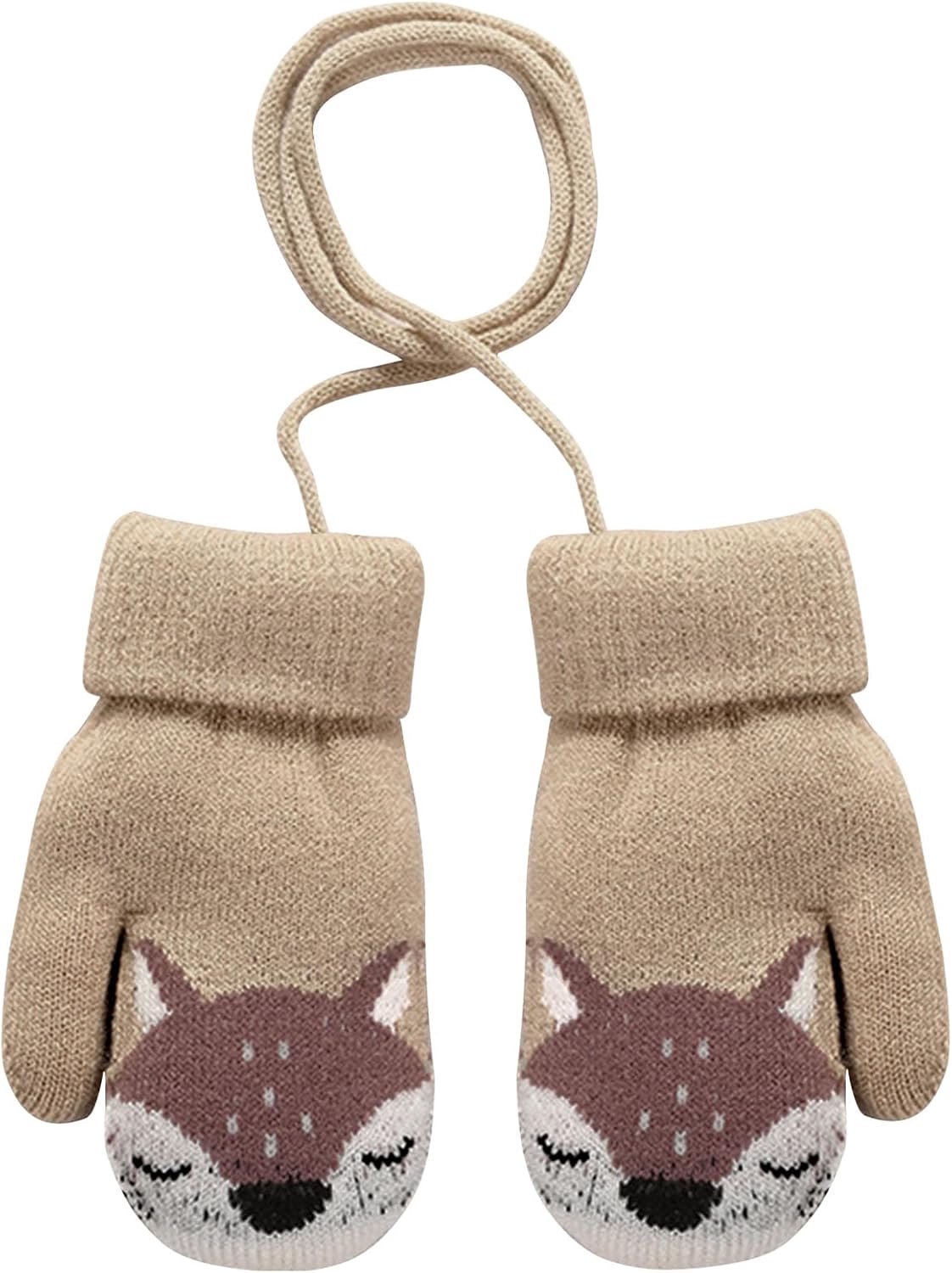 1 paar peuterwanten met touwtje, warme gebreide winterwanten met kleine dierenprint, babyjongens meisjes fleece gevoerde handschoenen, fluwelen babywanten voor kinderen van 0-3 jaar, Bruin, One