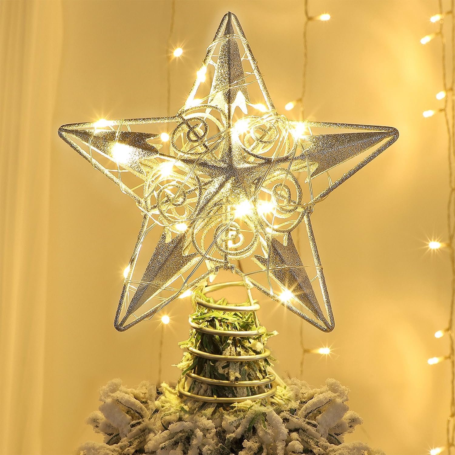 Juegoal Ster Tree Topper met 20 LED-verlichting, metaal zilver verlichte boomtopornamenten, batterij aangedreven lichtgevende kerstboomdecoraties, 16,5 x 16,5 cm